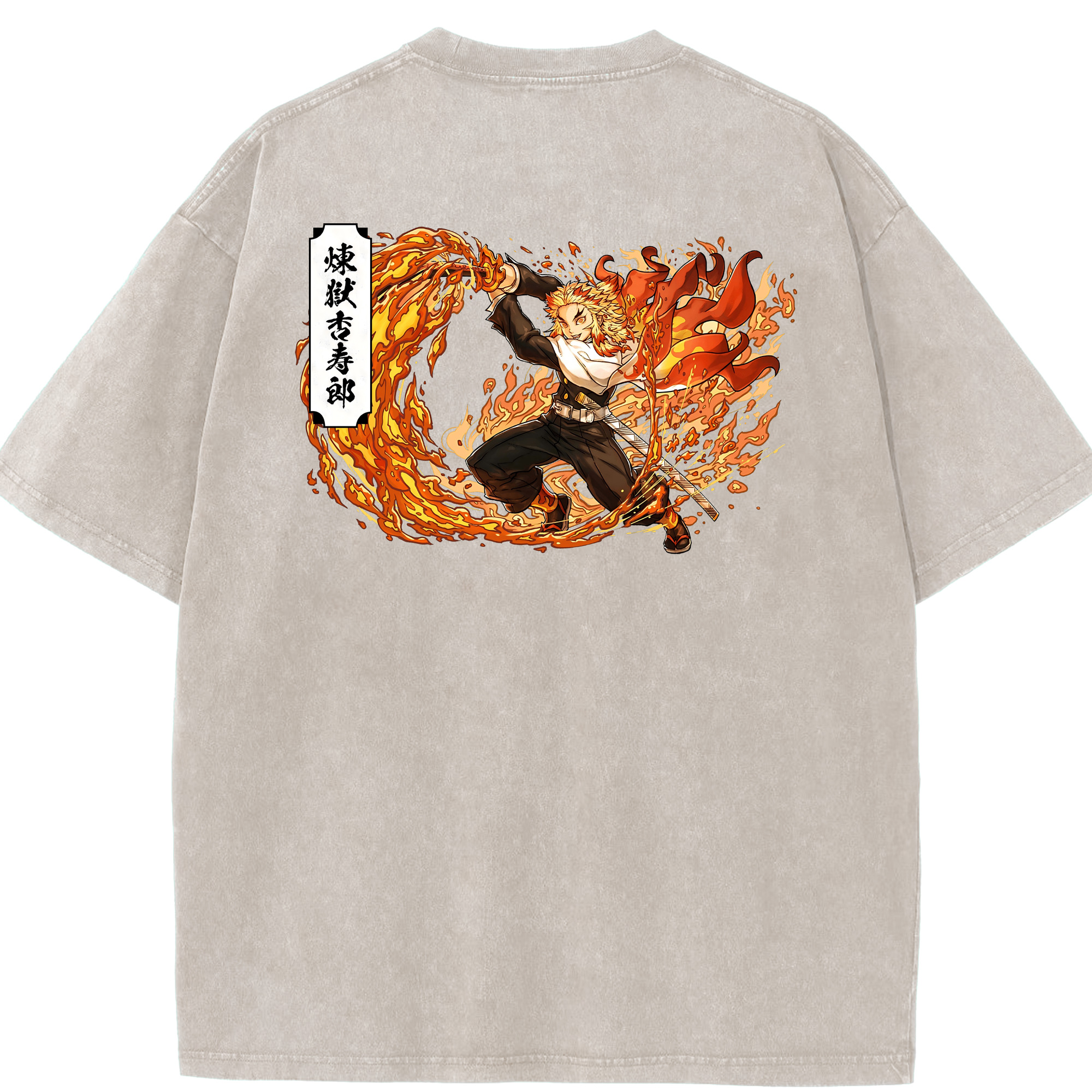 （画像用） 鬼滅の刃（きめつのやいば）炎柱-煉󠄁獄 杏寿郎／れんごく きょうじゅろう Rengoku Kyoujurou 綿100% ヴィンテージ風 半袖Tシャツ（背面プリント）