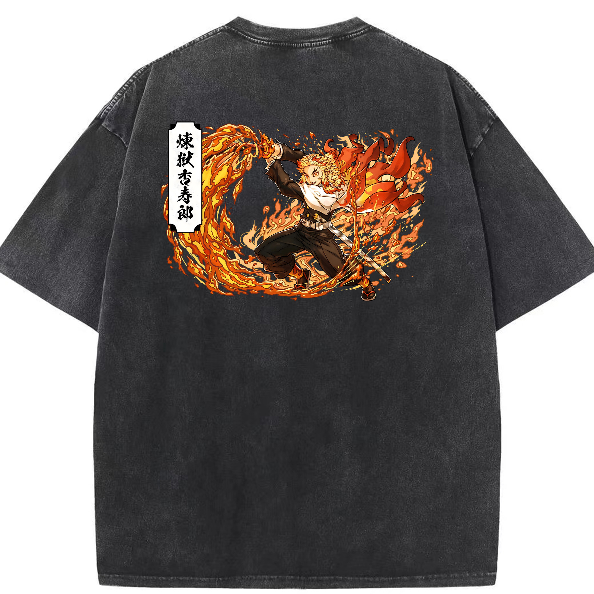 （画像用） 鬼滅の刃（きめつのやいば）炎柱-煉󠄁獄 杏寿郎／れんごく きょうじゅろう Rengoku Kyoujurou 綿100% ヴィンテージ風 半袖Tシャツ（背面プリント）