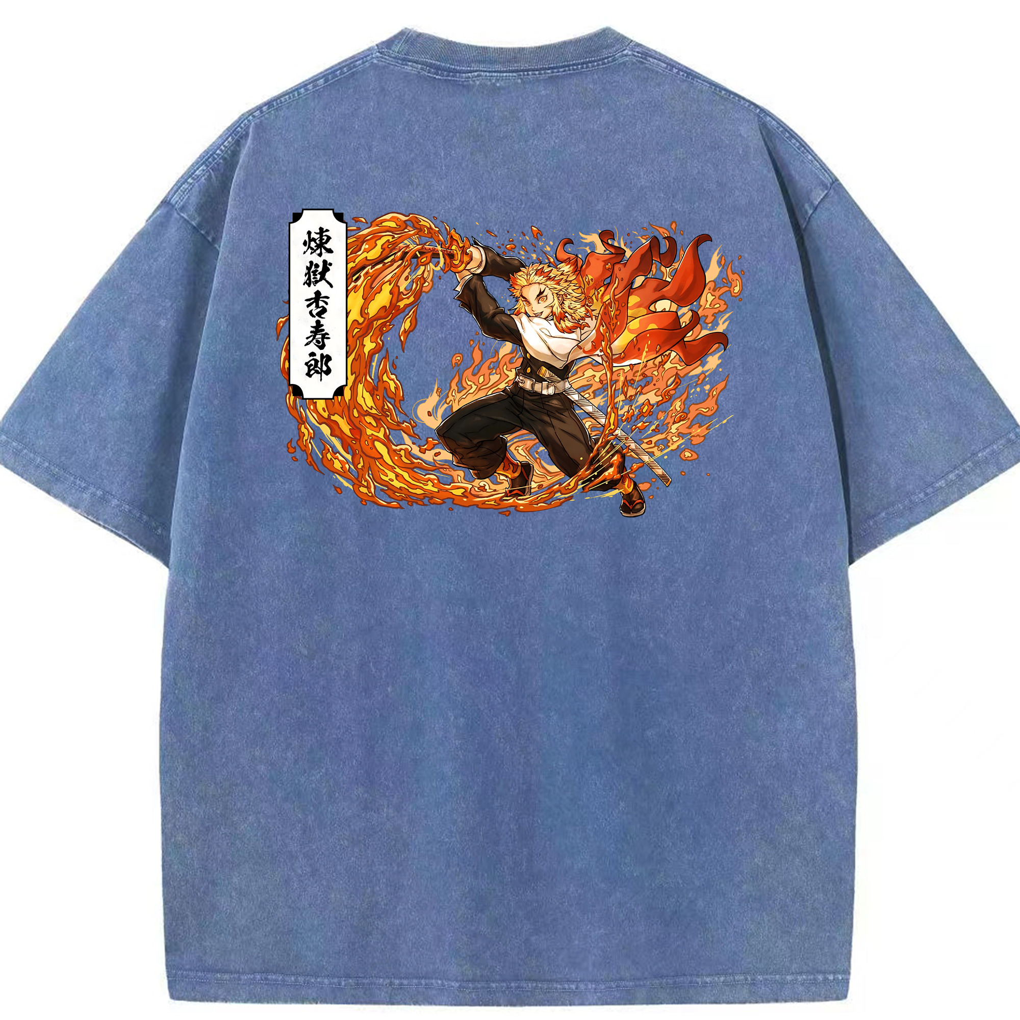 （画像用） 鬼滅の刃（きめつのやいば）炎柱-煉󠄁獄 杏寿郎／れんごく きょうじゅろう Rengoku Kyoujurou 綿100% ヴィンテージ風 半袖Tシャツ（背面プリント）
