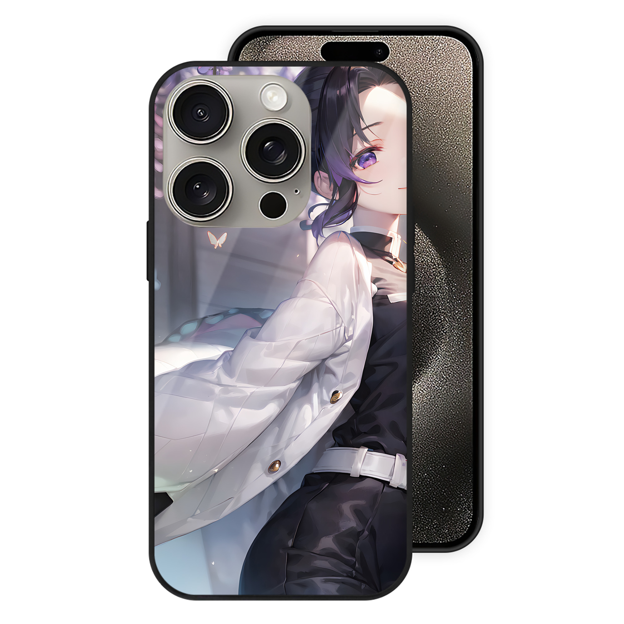 （画像用） 鬼滅の刃（きめつのやいば）蟲柱-胡蝶 しのぶ／こちょう しのぶ Kochou Shinobu 【iPhone15Pro対応】スマホケース 耐衝撃＆黄変防止 背面ガラス