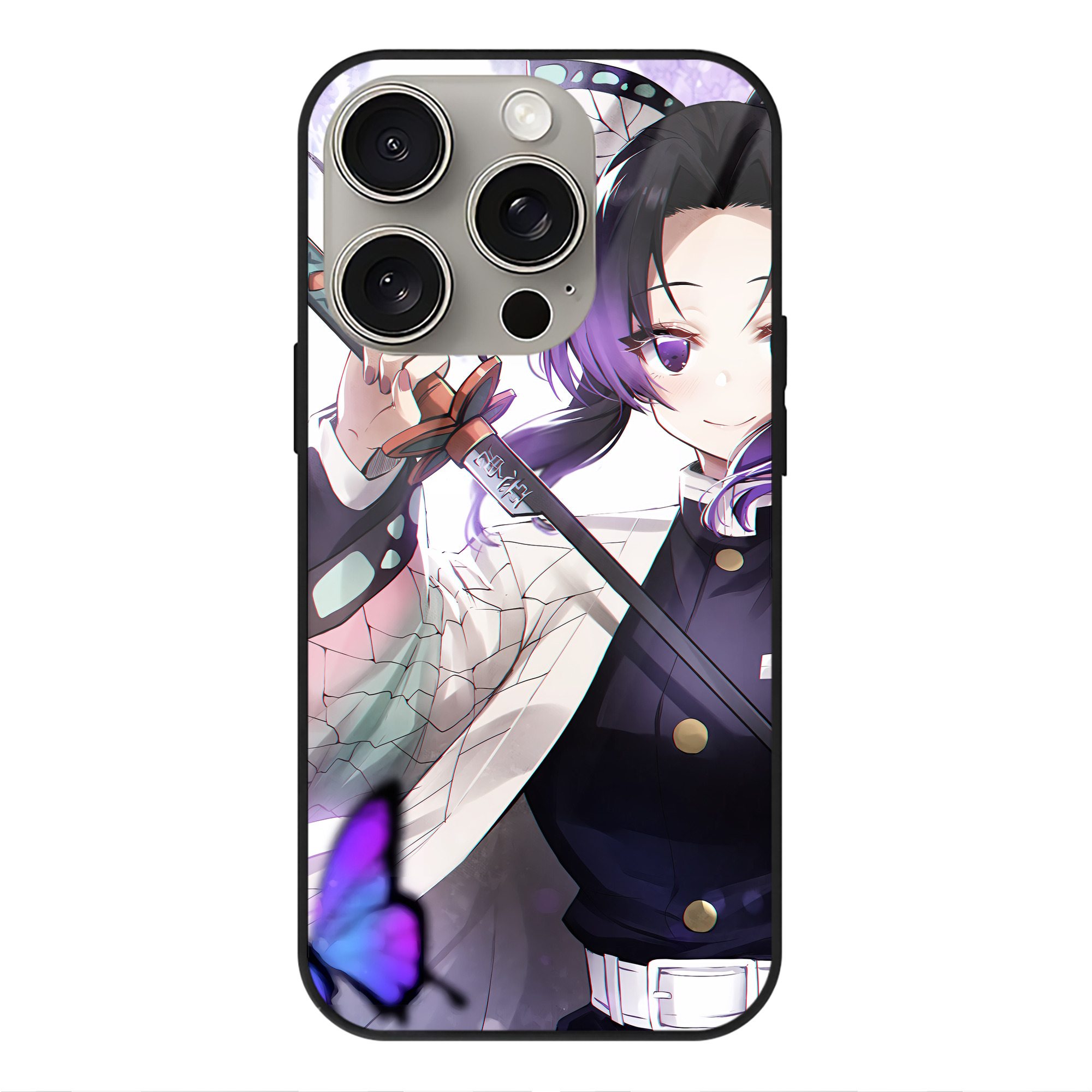 （画像用） 鬼滅の刃（きめつのやいば）蟲柱-胡蝶 しのぶ／こちょう しのぶ Kochou Shinobu 【iPhone15Pro対応】スマホケース 耐衝撃＆黄変防止 背面ガラス