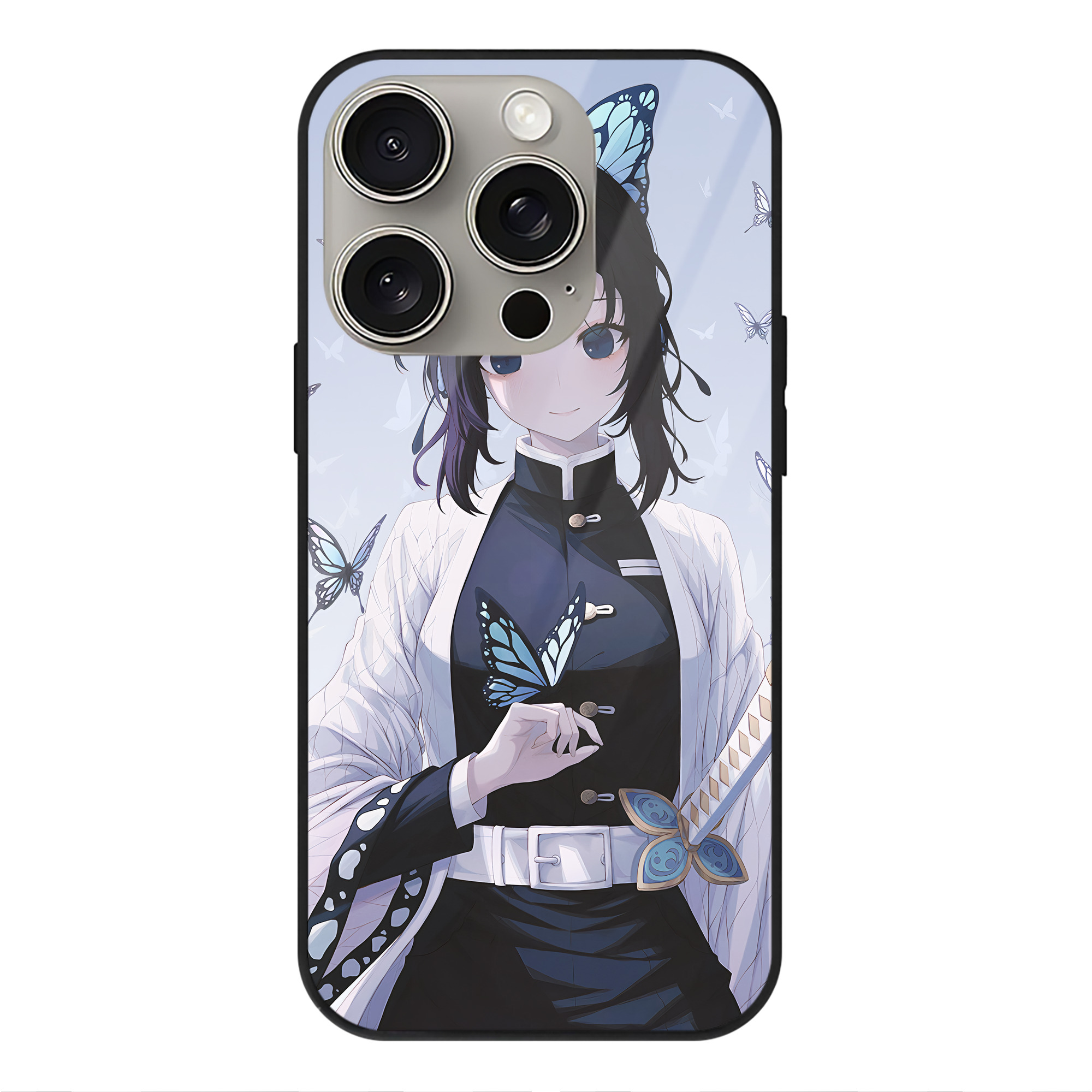 （画像用） 鬼滅の刃（きめつのやいば）蟲柱-胡蝶 しのぶ／こちょう しのぶ Kochou Shinobu 【iPhone15Pro対応】スマホケース 耐衝撃＆黄変防止 背面ガラス