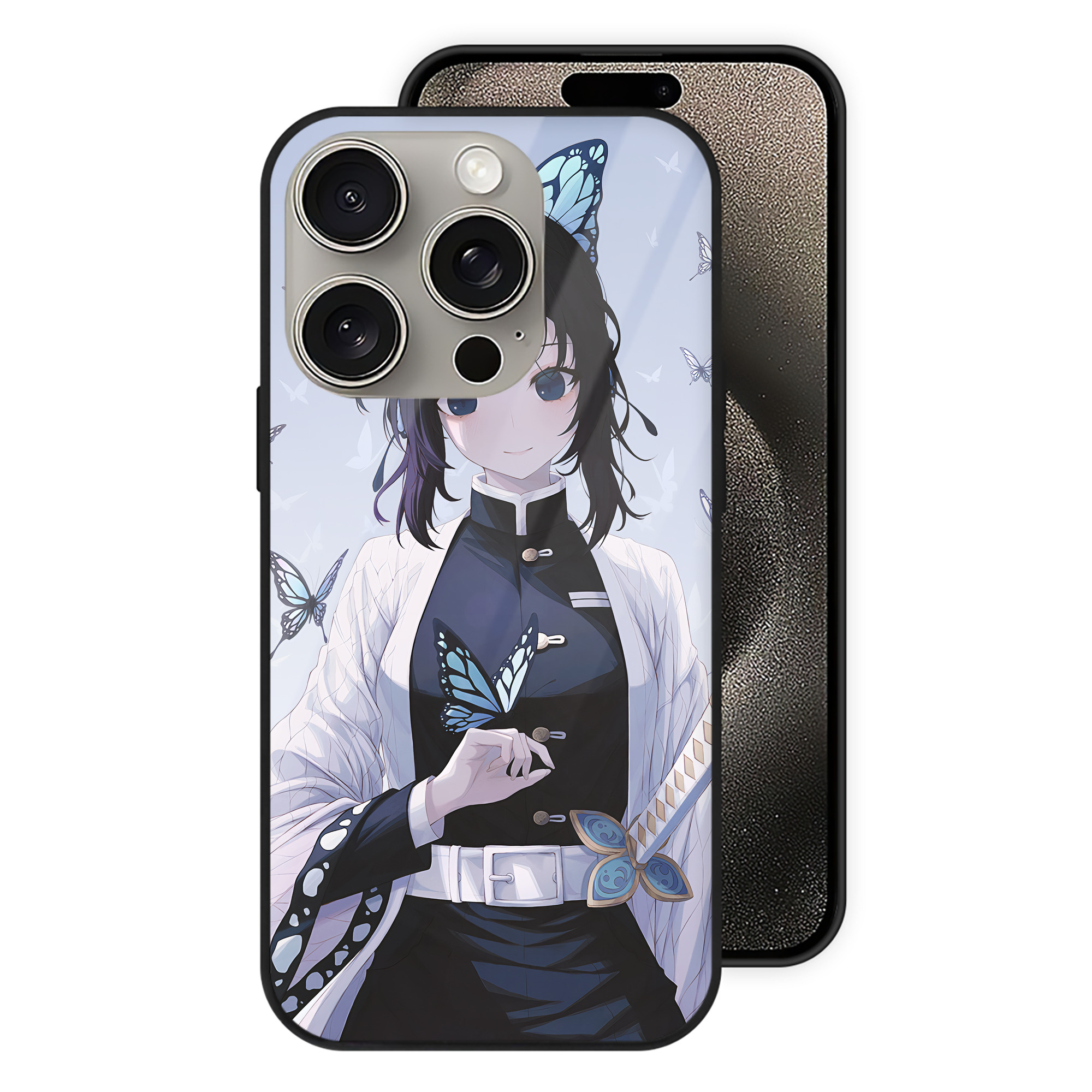（画像用） 鬼滅の刃（きめつのやいば）蟲柱-胡蝶 しのぶ／こちょう しのぶ Kochou Shinobu 【iPhone15Pro対応】スマホケース 耐衝撃＆黄変防止 背面ガラス