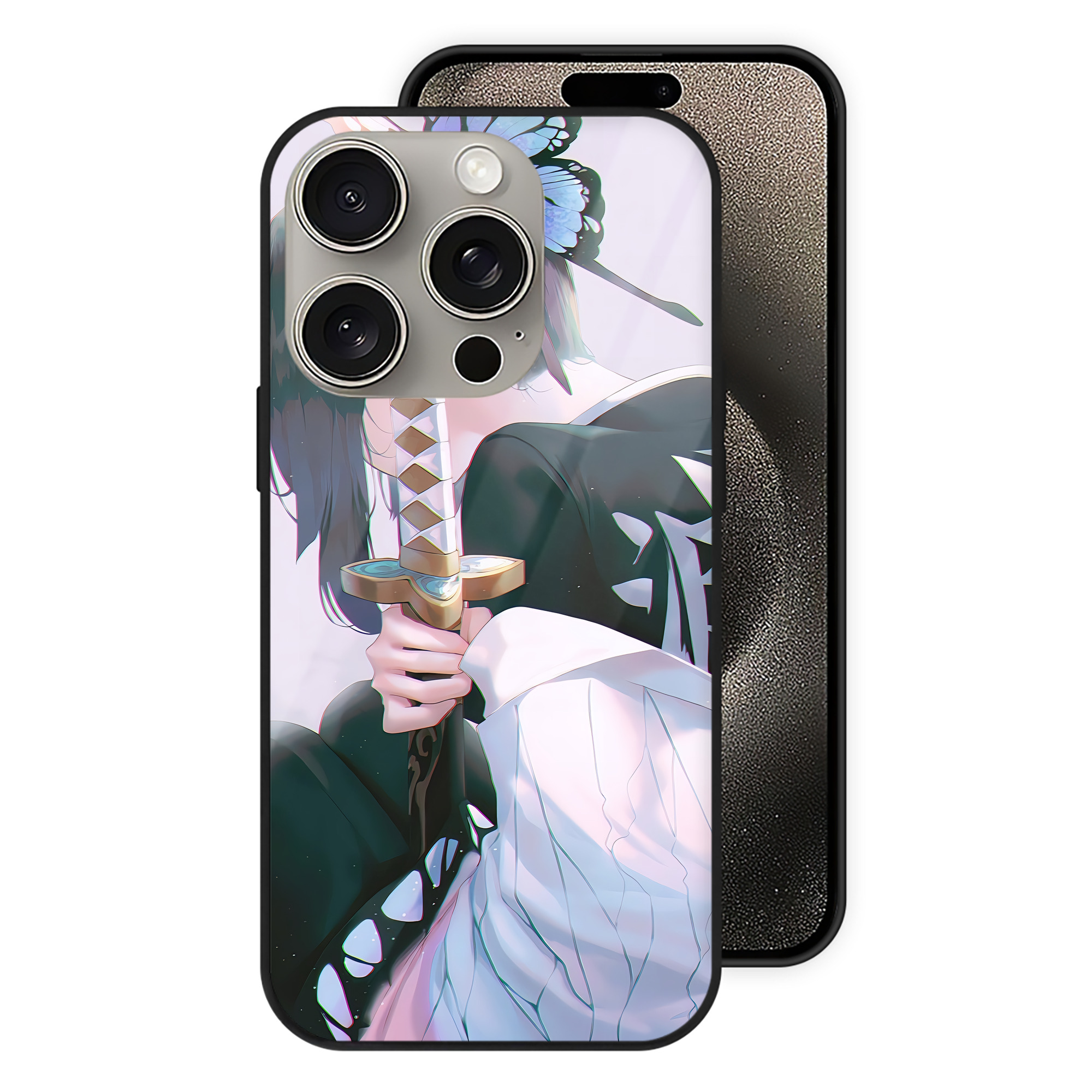 （画像用） 鬼滅の刃（きめつのやいば）蟲柱-胡蝶 しのぶ／こちょう しのぶ Kochou Shinobu 【iPhone15Pro対応】スマホケース 耐衝撃＆黄変防止 背面ガラス