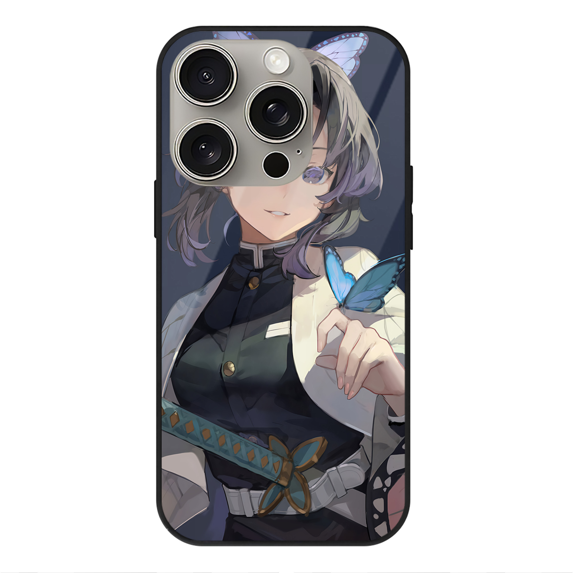 （画像用） 鬼滅の刃（きめつのやいば）蟲柱-胡蝶 しのぶ／こちょう しのぶ Kochou Shinobu 【iPhone15Pro対応】スマホケース 耐衝撃＆黄変防止 背面ガラス