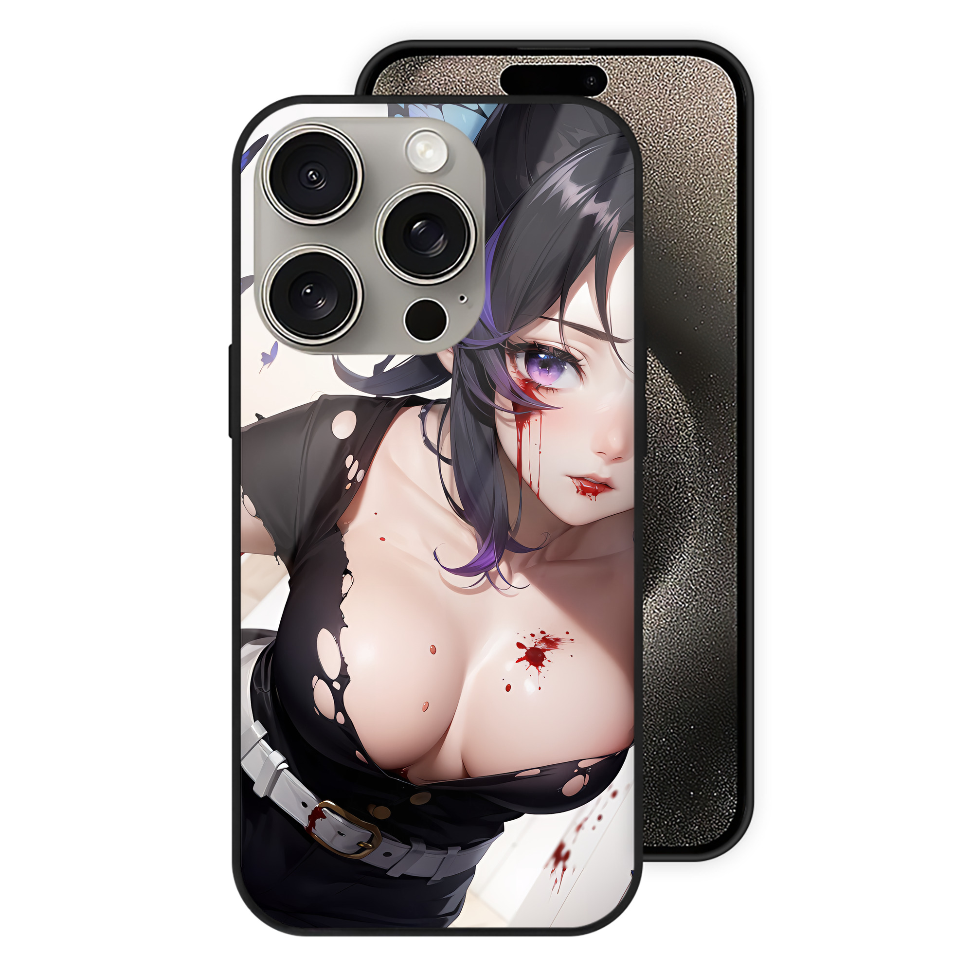 （画像用） 鬼滅の刃（きめつのやいば）蟲柱-胡蝶 しのぶ／こちょう しのぶ Kochou Shinobu 【iPhone15Pro対応】スマホケース 耐衝撃＆黄変防止 背面ガラス