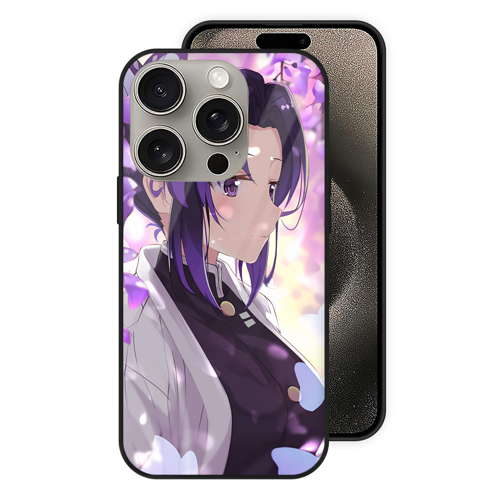 （画像用） 鬼滅の刃（きめつのやいば）蟲柱-胡蝶 しのぶ／こちょう しのぶ Kochou Shinobu 【iPhone15Pro対応】スマホケース 耐衝撃＆黄変防止 背面ガラス
