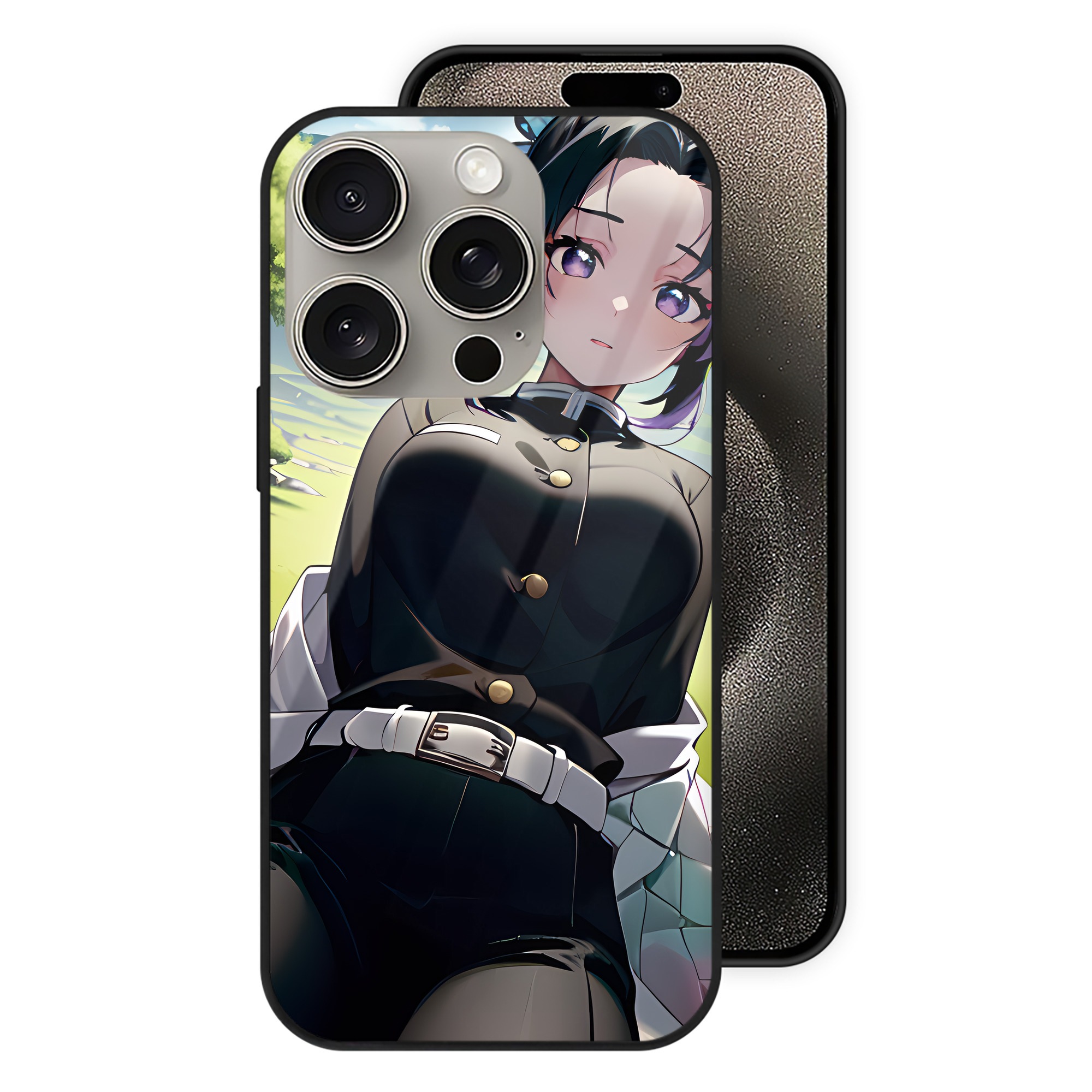 （画像用） 鬼滅の刃（きめつのやいば）蟲柱-胡蝶 しのぶ／こちょう しのぶ Kochou Shinobu 【iPhone15Pro対応】スマホケース 耐衝撃＆黄変防止 背面ガラス