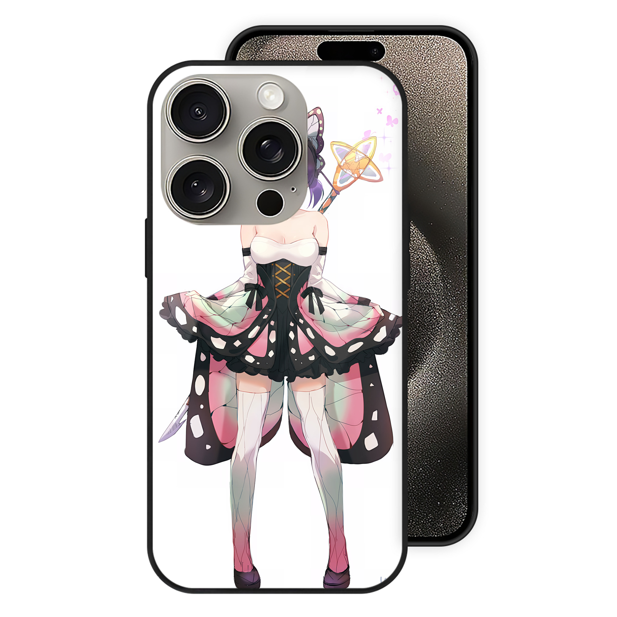 （画像用） 鬼滅の刃（きめつのやいば）蟲柱-胡蝶 しのぶ／こちょう しのぶ Kochou Shinobu 【iPhone15Pro対応】スマホケース 耐衝撃＆黄変防止 背面ガラス