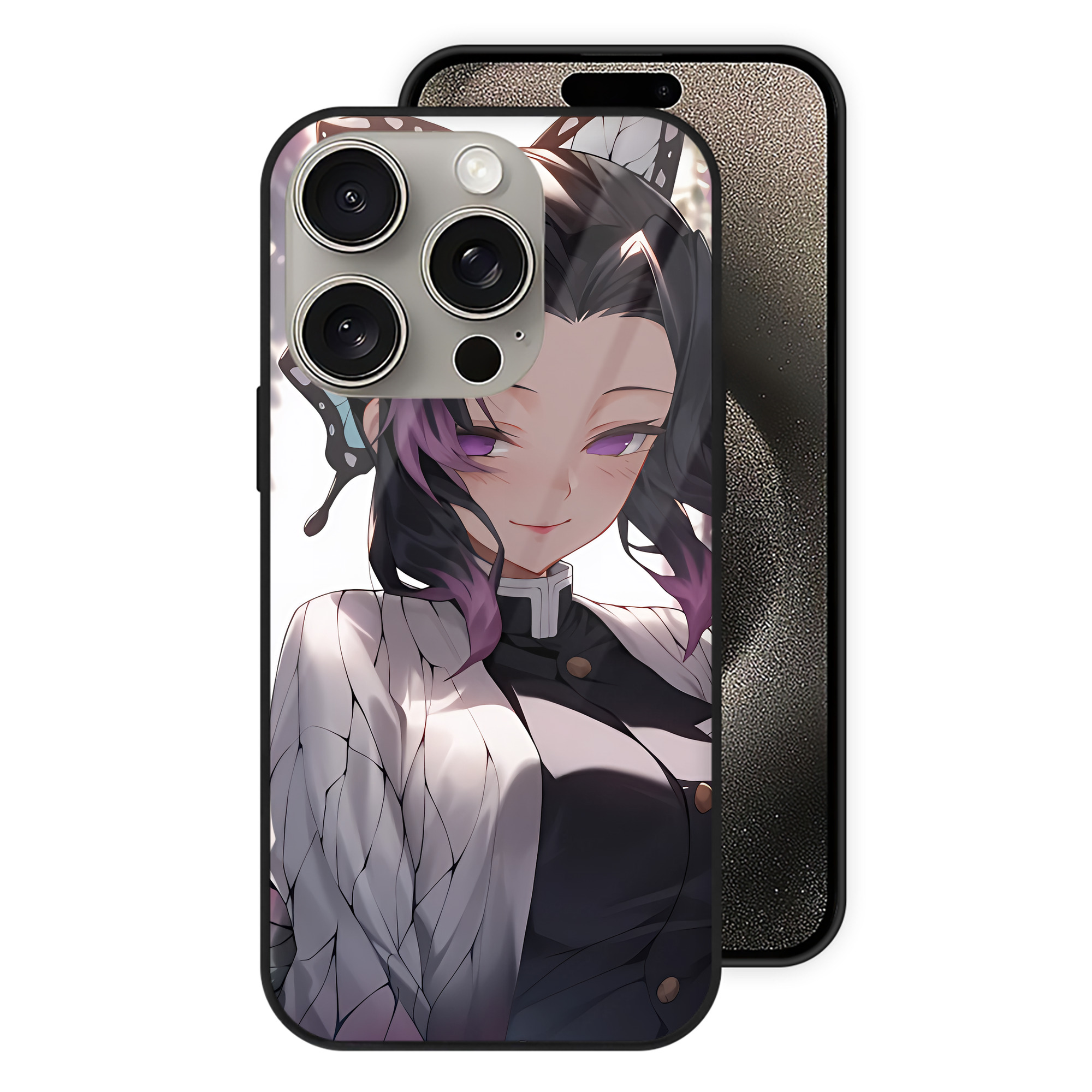 （画像用） 鬼滅の刃（きめつのやいば）蟲柱-胡蝶 しのぶ／こちょう しのぶ Kochou Shinobu 【iPhone15Pro対応】スマホケース 耐衝撃＆黄変防止 背面ガラス