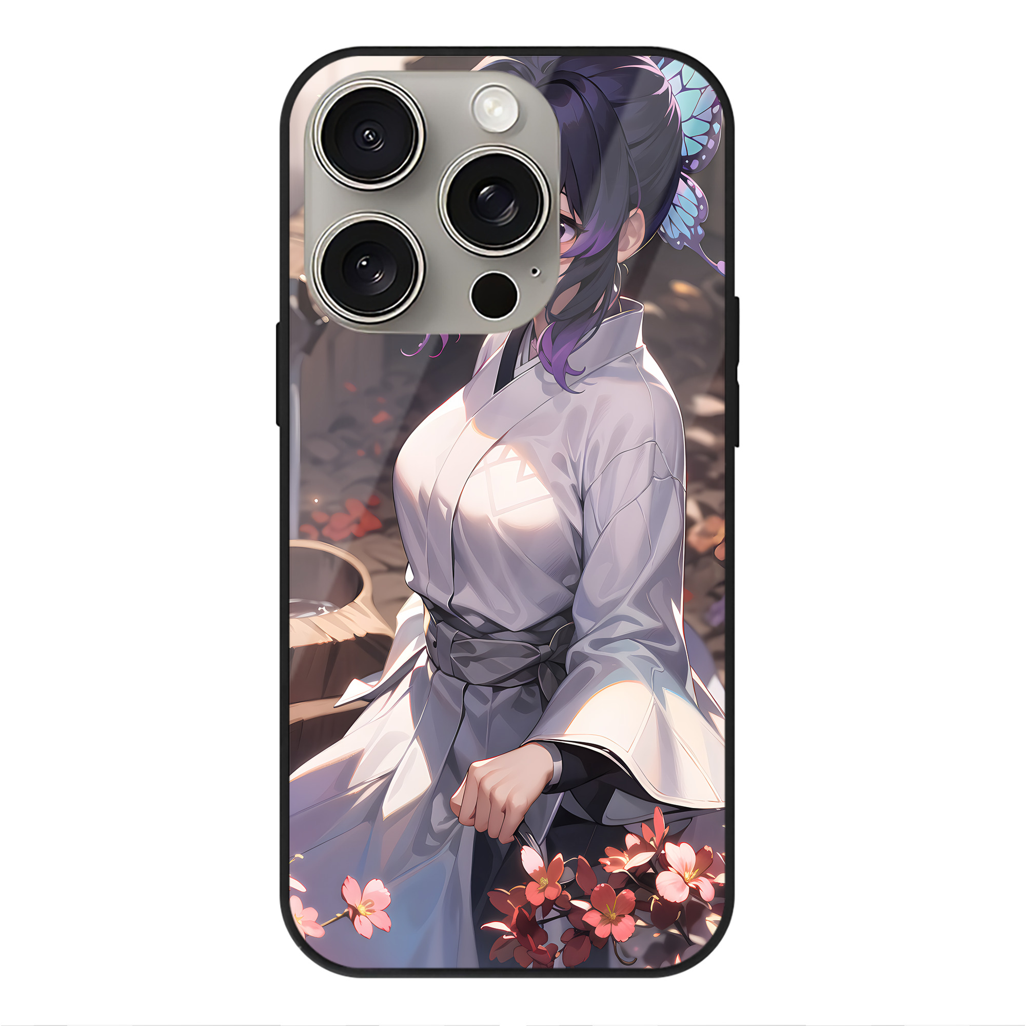 （画像用） 鬼滅の刃（きめつのやいば）蟲柱-胡蝶 しのぶ／こちょう しのぶ Kochou Shinobu 【iPhone15Pro対応】スマホケース 耐衝撃＆黄変防止 背面ガラス