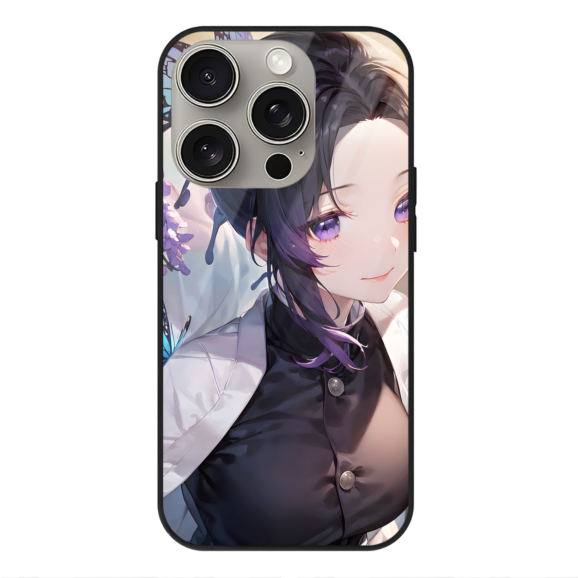 （画像用） 鬼滅の刃（きめつのやいば）蟲柱-胡蝶 しのぶ／こちょう しのぶ Kochou Shinobu 【iPhone15Pro対応】スマホケース 耐衝撃＆黄変防止 背面ガラス