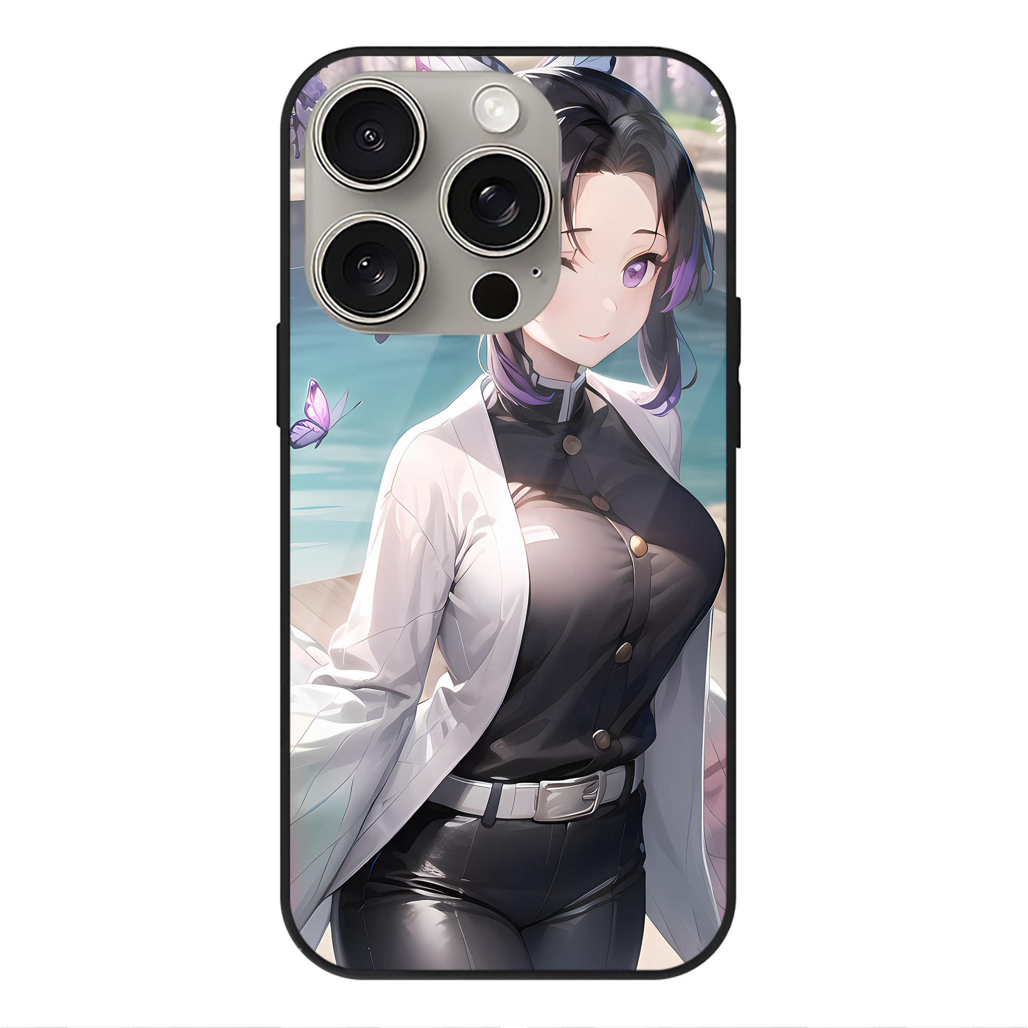 （画像用） 鬼滅の刃（きめつのやいば）蟲柱-胡蝶 しのぶ／こちょう しのぶ Kochou Shinobu 【iPhone15Pro対応】スマホケース 耐衝撃＆黄変防止 背面ガラス