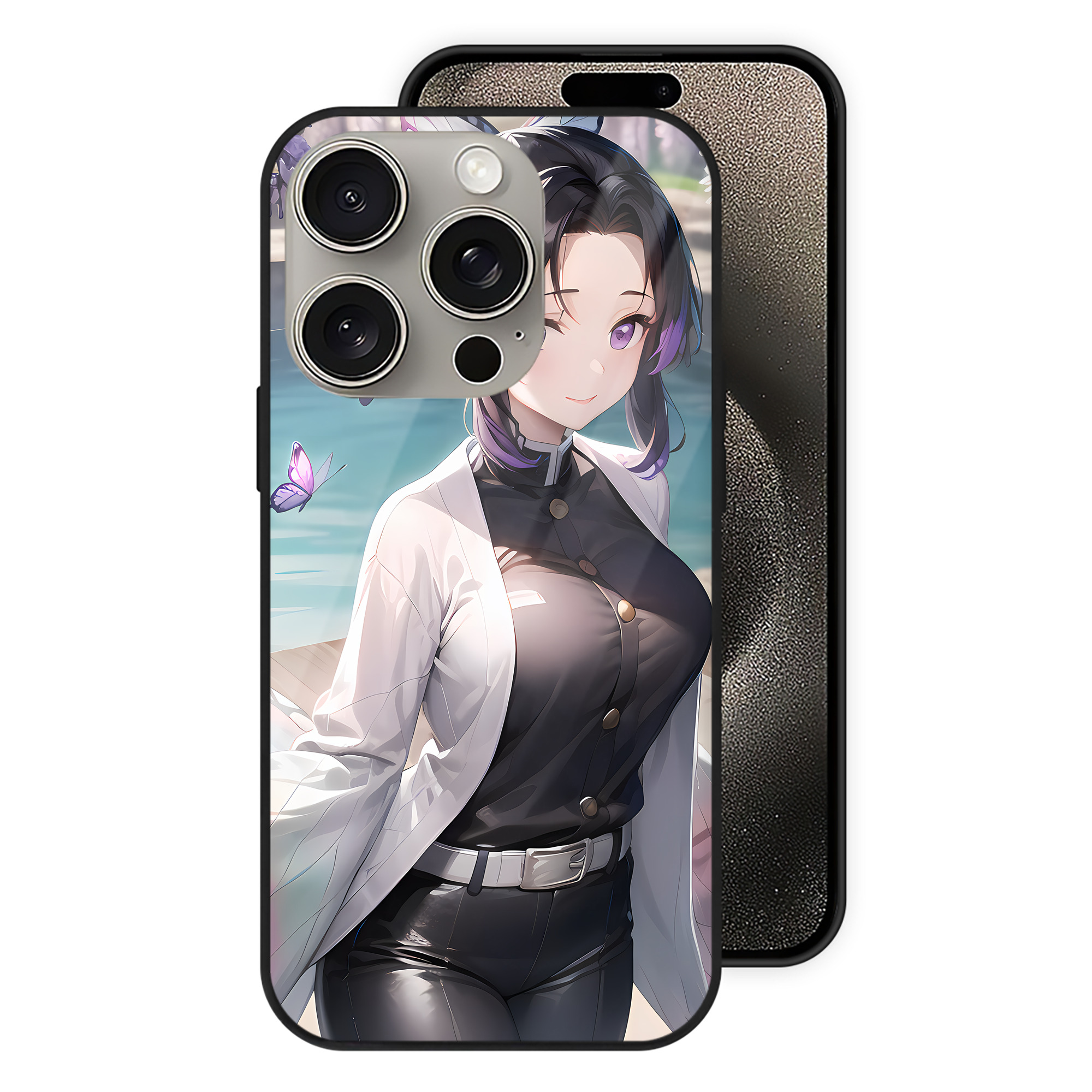 （画像用） 鬼滅の刃（きめつのやいば）蟲柱-胡蝶 しのぶ／こちょう しのぶ Kochou Shinobu 【iPhone15Pro対応】スマホケース 耐衝撃＆黄変防止 背面ガラス