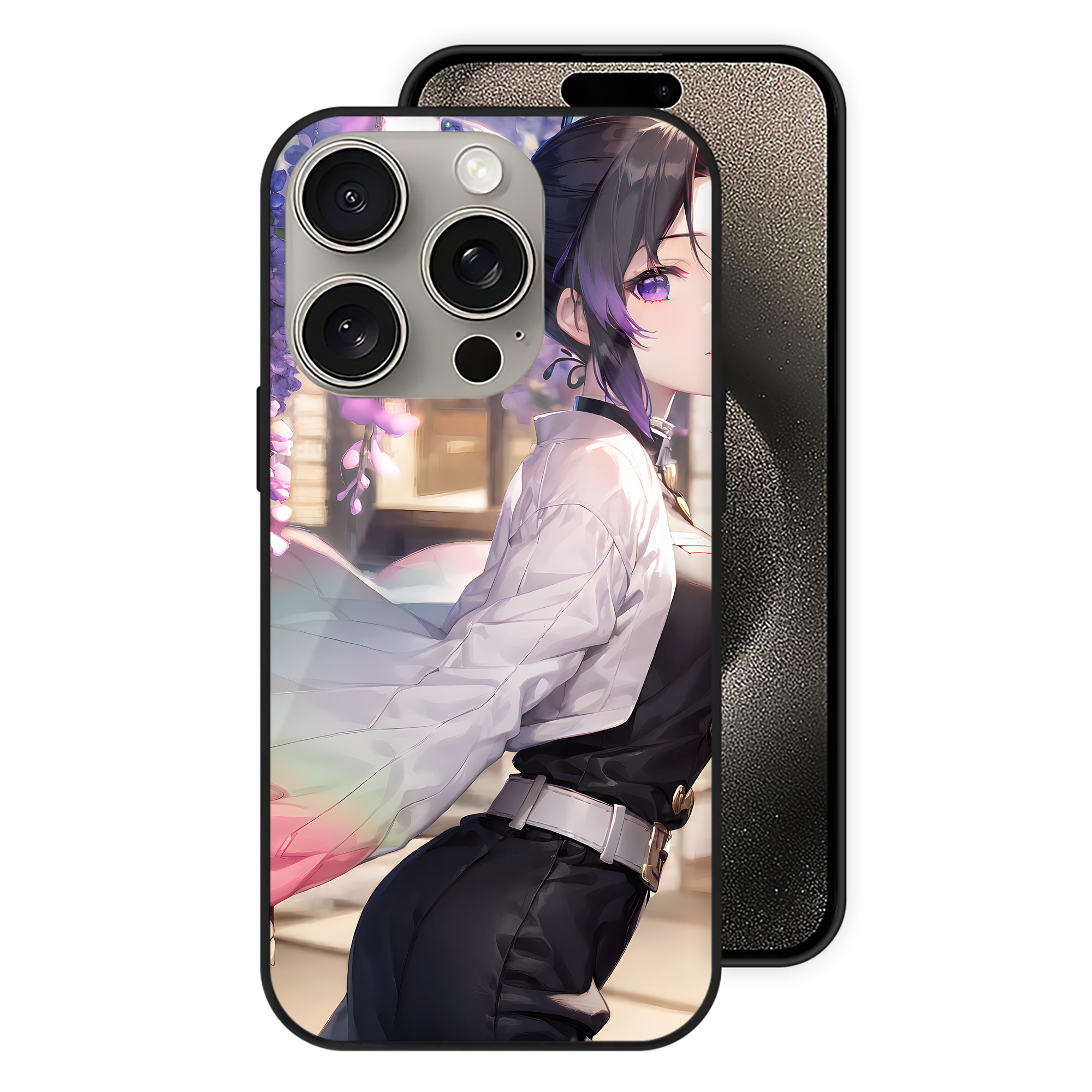 （画像用） 鬼滅の刃（きめつのやいば）蟲柱-胡蝶 しのぶ／こちょう しのぶ Kochou Shinobu 【iPhone15Pro対応】スマホケース 耐衝撃＆黄変防止 背面ガラス