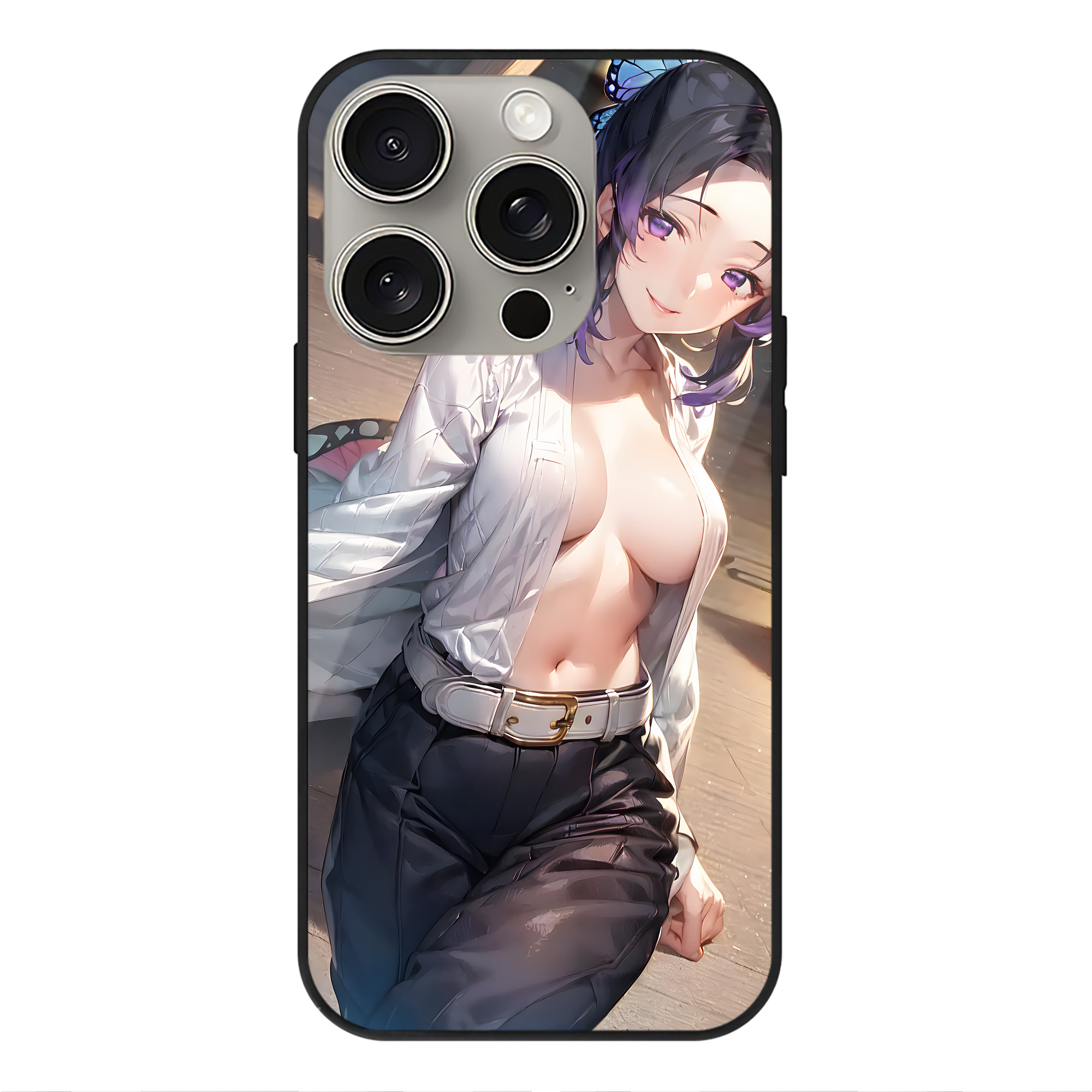 （画像用） 鬼滅の刃（きめつのやいば）蟲柱-胡蝶 しのぶ／こちょう しのぶ Kochou Shinobu 【iPhone15Pro対応】スマホケース 耐衝撃＆黄変防止 背面ガラス