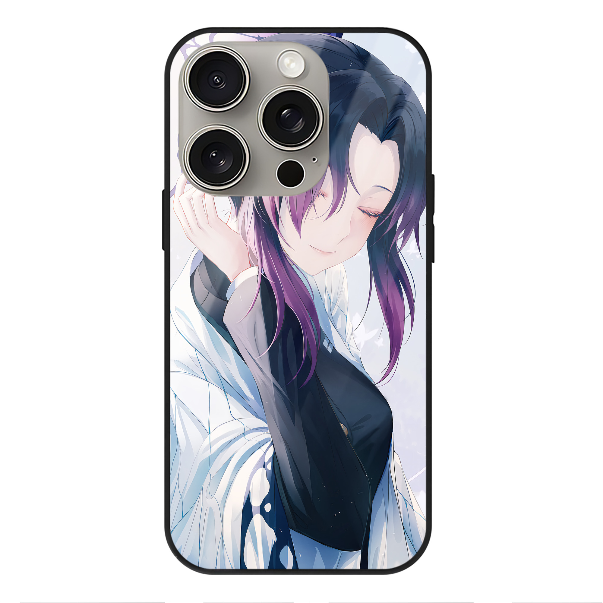（画像用） 鬼滅の刃（きめつのやいば）蟲柱-胡蝶 しのぶ／こちょう しのぶ Kochou Shinobu 【iPhone15Pro対応】スマホケース 耐衝撃＆黄変防止 背面ガラス