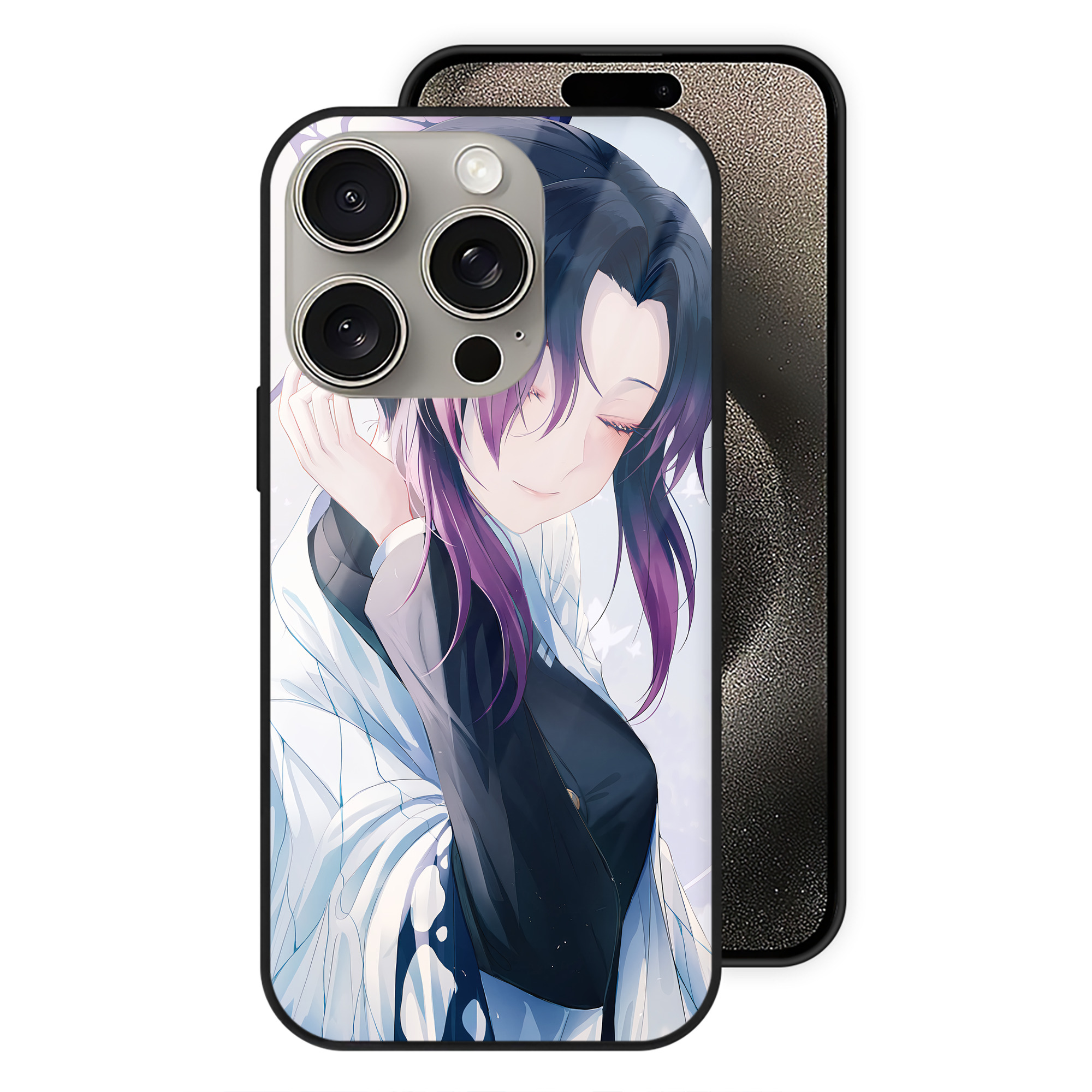 （画像用） 鬼滅の刃（きめつのやいば）蟲柱-胡蝶 しのぶ／こちょう しのぶ Kochou Shinobu 【iPhone15Pro対応】スマホケース 耐衝撃＆黄変防止 背面ガラス