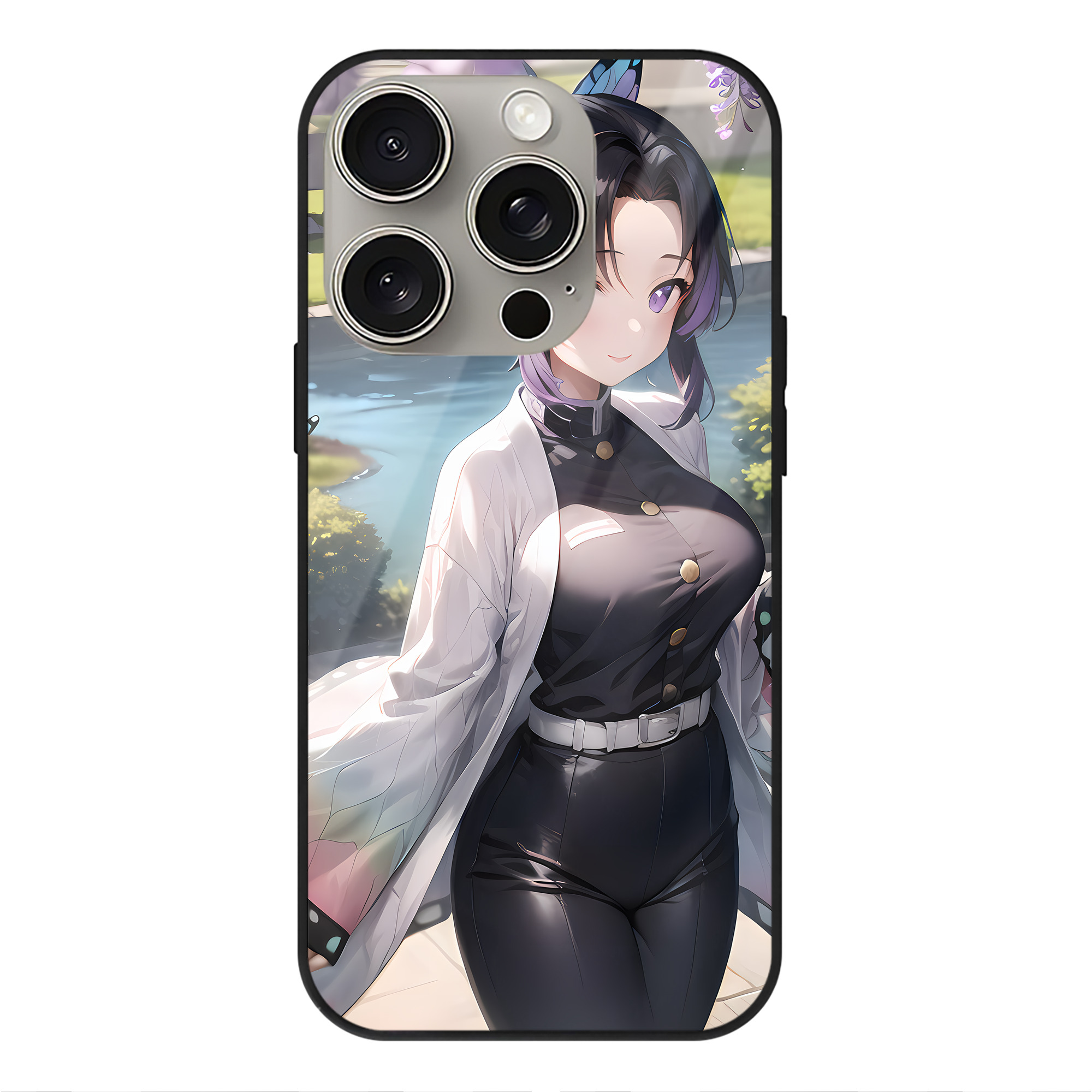 （画像用） 鬼滅の刃（きめつのやいば）蟲柱-胡蝶 しのぶ／こちょう しのぶ Kochou Shinobu 【iPhone15Pro対応】スマホケース 耐衝撃＆黄変防止 背面ガラス
