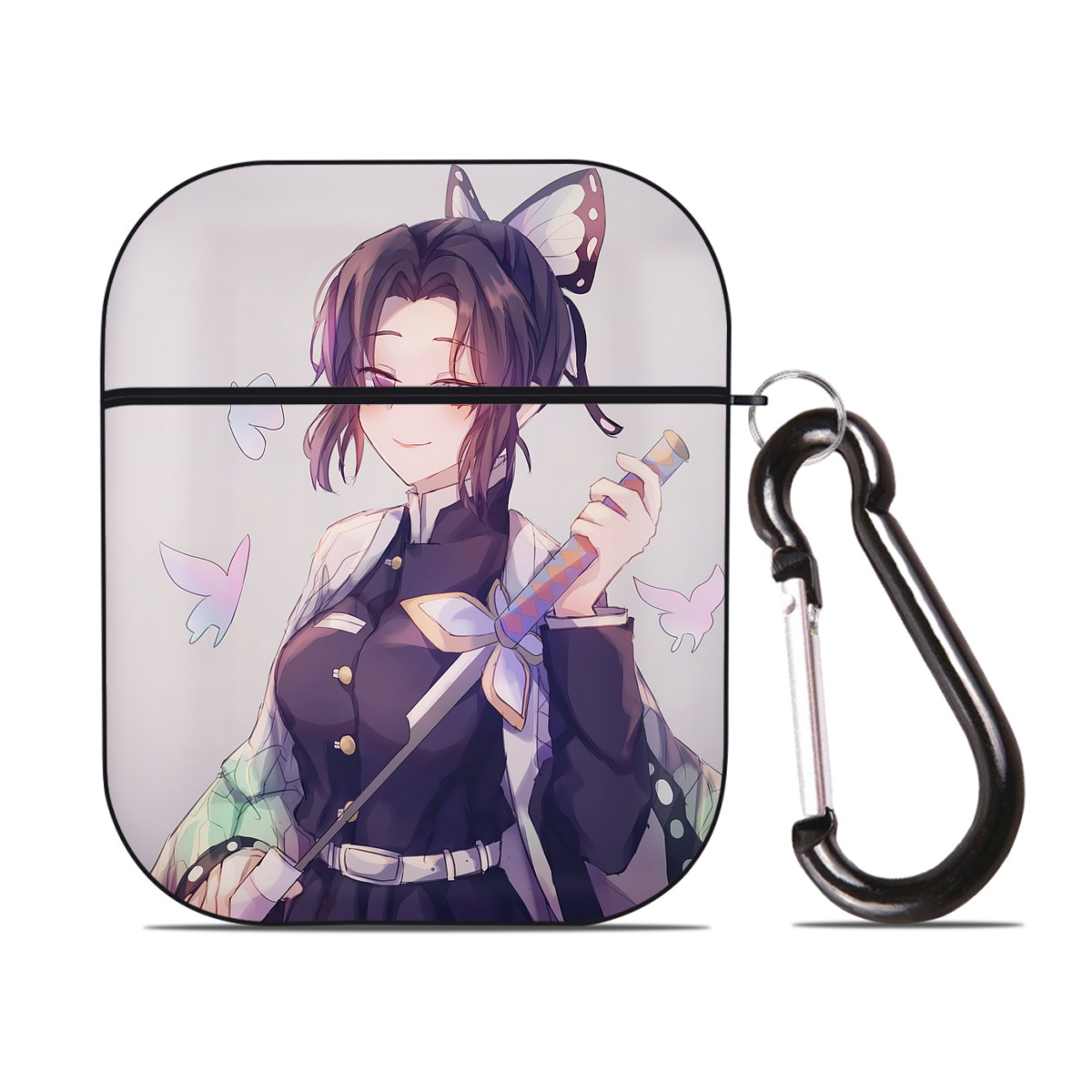 （画像用） 鬼滅の刃（きめつのやいば）蟲柱-胡蝶 しのぶ／こちょう しのぶ Kochou Shinobu AirPods 第2世代保護ケース ハードシェル ブラック 耐衝撃・防指紋・カラビナ付き