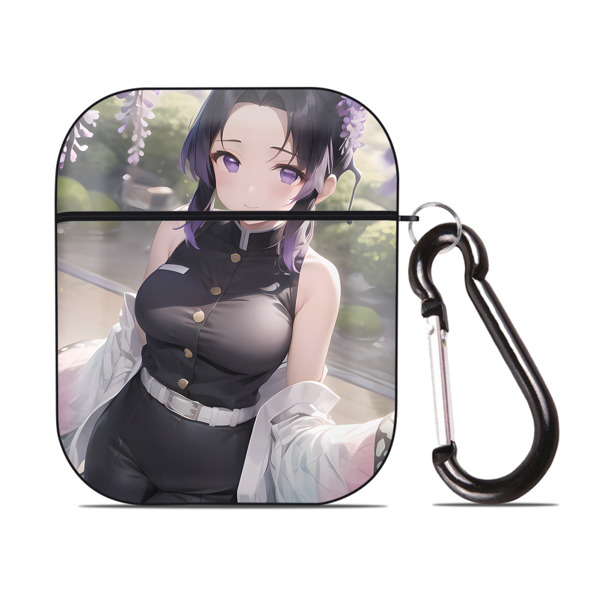 （画像用） 鬼滅の刃（きめつのやいば）蟲柱-胡蝶 しのぶ／こちょう しのぶ Kochou Shinobu AirPods 第2世代保護ケース ハードシェル ブラック 耐衝撃・防指紋・カラビナ付き