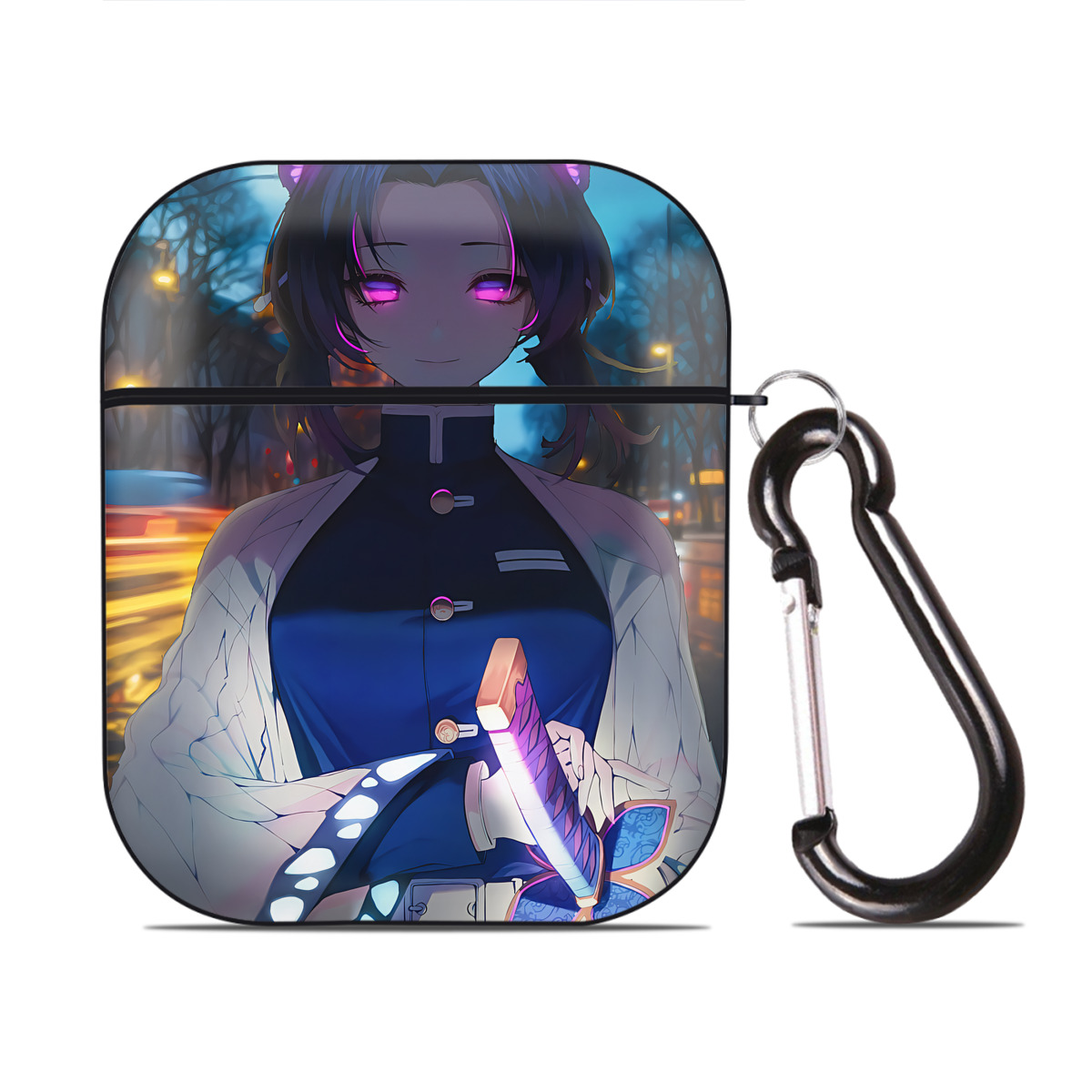 （画像用） 鬼滅の刃（きめつのやいば）蟲柱-胡蝶 しのぶ／こちょう しのぶ Kochou Shinobu AirPods 第2世代保護ケース ハードシェル ブラック 耐衝撃・防指紋・カラビナ付き