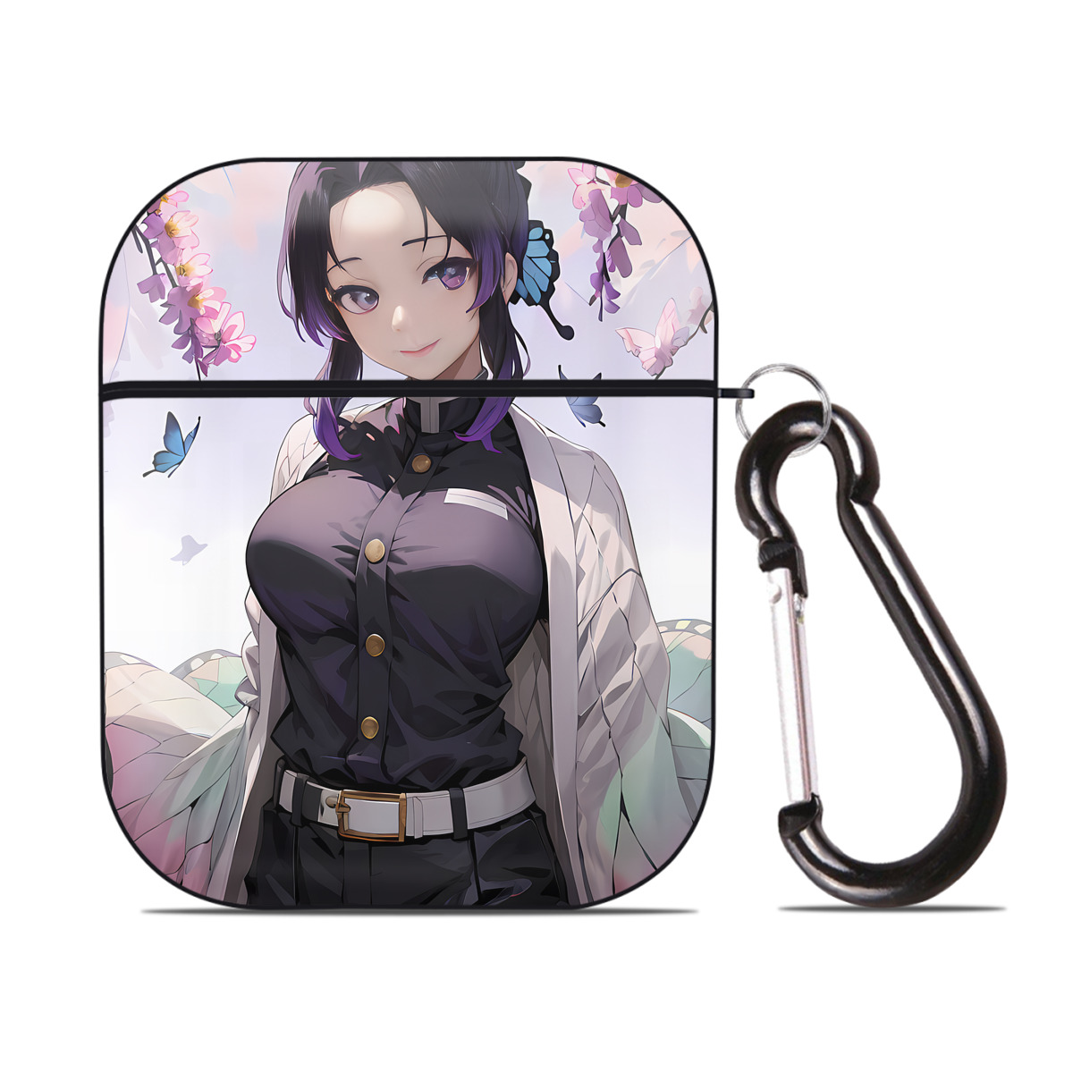 （画像用） 鬼滅の刃（きめつのやいば）蟲柱-胡蝶 しのぶ／こちょう しのぶ Kochou Shinobu AirPods 第2世代保護ケース ハードシェル ブラック 耐衝撃・防指紋・カラビナ付き