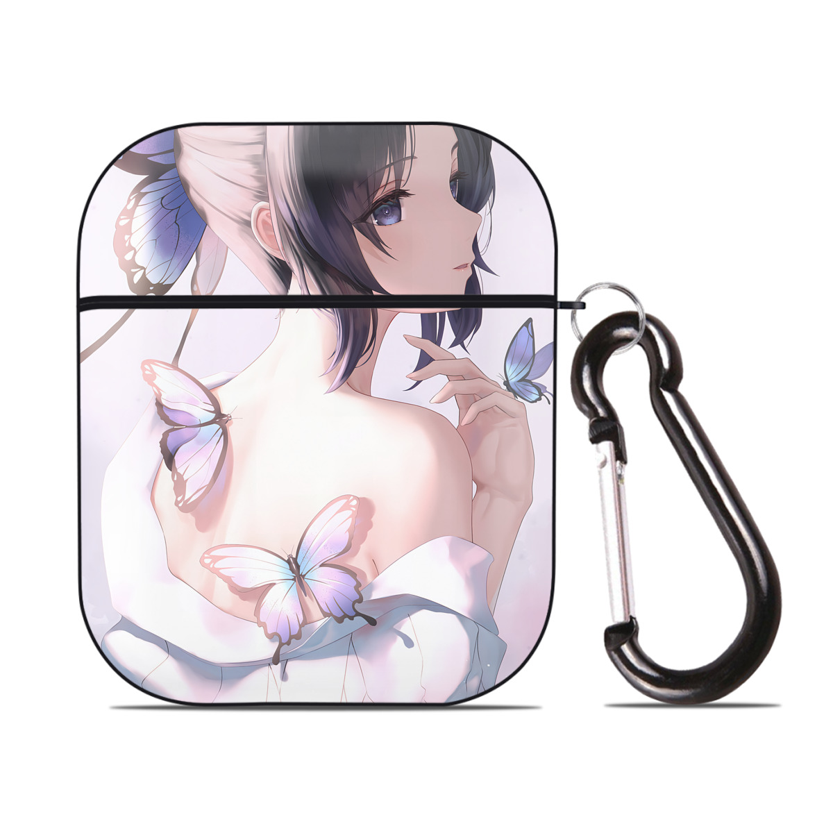 （画像用） 鬼滅の刃（きめつのやいば）蟲柱-胡蝶 しのぶ／こちょう しのぶ Kochou Shinobu AirPods 第2世代保護ケース ハードシェル ブラック 耐衝撃・防指紋・カラビナ付き
