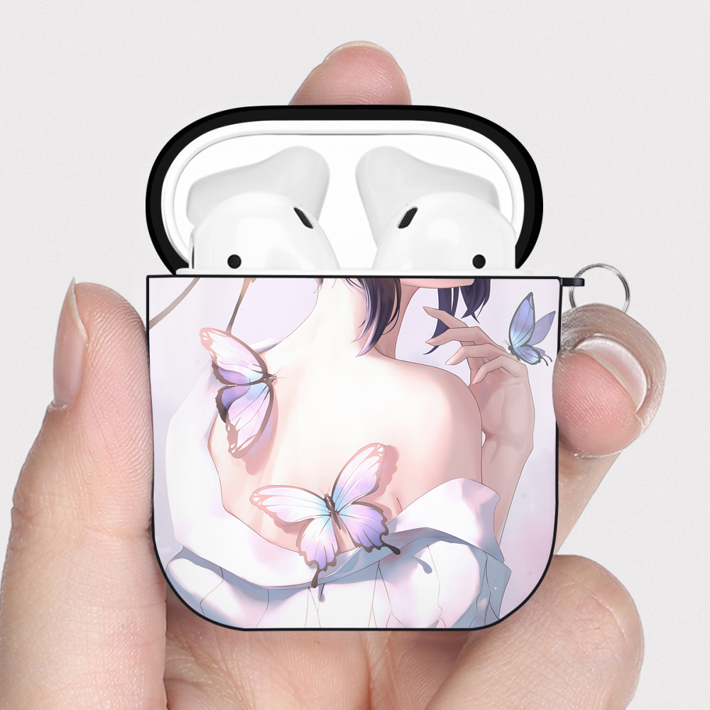 （画像用） 鬼滅の刃（きめつのやいば）蟲柱-胡蝶 しのぶ／こちょう しのぶ Kochou Shinobu AirPods 第2世代保護ケース ハードシェル ブラック 耐衝撃・防指紋・カラビナ付き