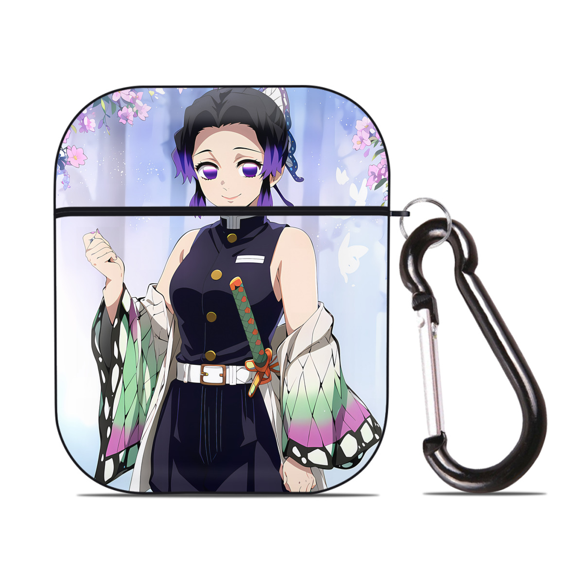 （画像用） 鬼滅の刃（きめつのやいば）蟲柱-胡蝶 しのぶ／こちょう しのぶ Kochou Shinobu AirPods 第2世代保護ケース ハードシェル ブラック 耐衝撃・防指紋・カラビナ付き