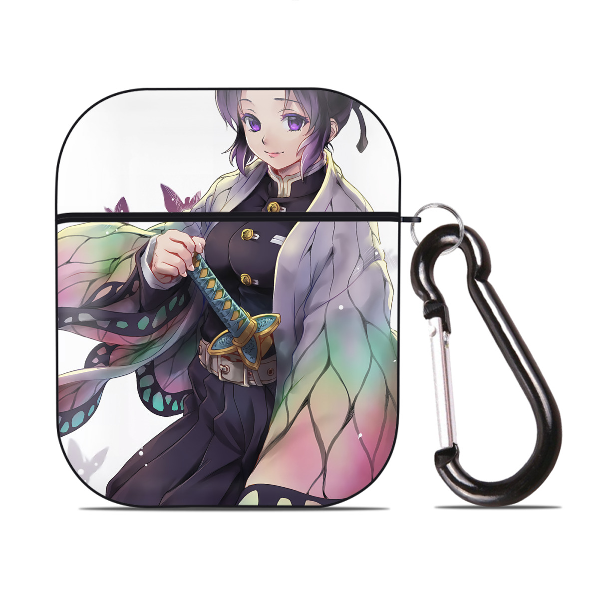 （画像用） 鬼滅の刃（きめつのやいば）蟲柱-胡蝶 しのぶ／こちょう しのぶ Kochou Shinobu AirPods 第2世代保護ケース ハードシェル ブラック 耐衝撃・防指紋・カラビナ付き