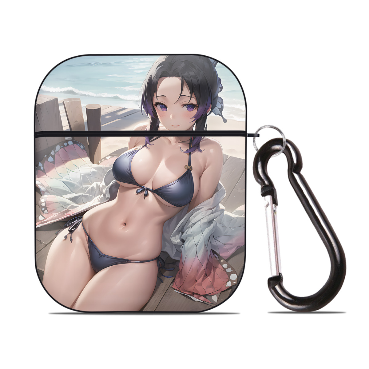 （画像用） 鬼滅の刃（きめつのやいば）蟲柱-胡蝶 しのぶ／こちょう しのぶ Kochou Shinobu AirPods 第2世代保護ケース ハードシェル ブラック 耐衝撃・防指紋・カラビナ付き
