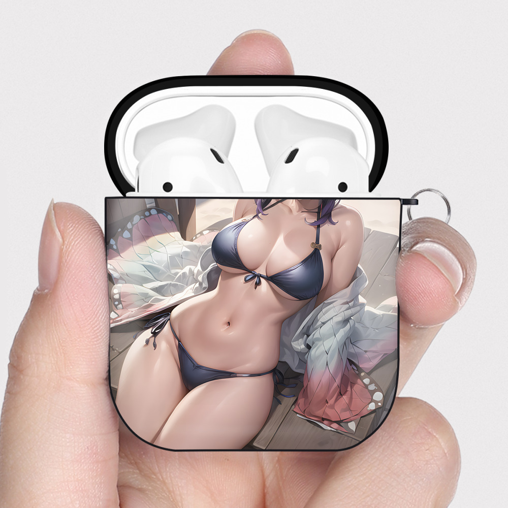 （画像用） 鬼滅の刃（きめつのやいば）蟲柱-胡蝶 しのぶ／こちょう しのぶ Kochou Shinobu AirPods 第2世代保護ケース ハードシェル ブラック 耐衝撃・防指紋・カラビナ付き