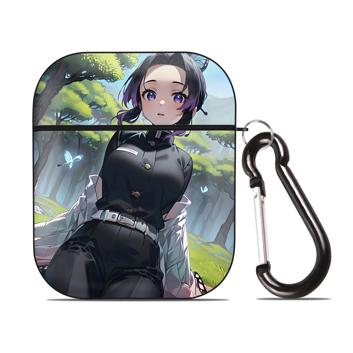 （画像用） 鬼滅の刃（きめつのやいば）蟲柱-胡蝶 しのぶ／こちょう しのぶ Kochou Shinobu AirPods 第2世代保護ケース ハードシェル ブラック 耐衝撃・防指紋・カラビナ付き