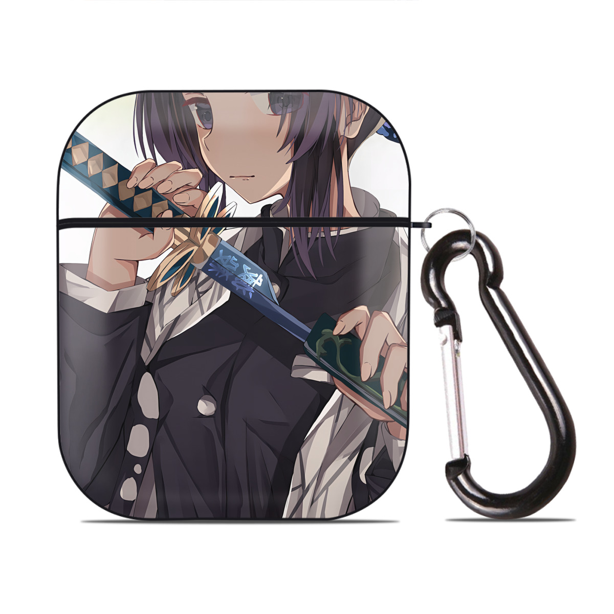 （画像用） 鬼滅の刃（きめつのやいば）蟲柱-胡蝶 しのぶ／こちょう しのぶ Kochou Shinobu AirPods 第2世代保護ケース ハードシェル ブラック 耐衝撃・防指紋・カラビナ付き
