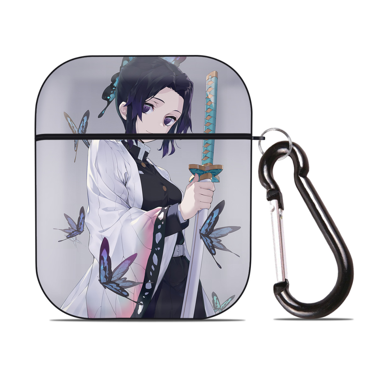 （画像用） 鬼滅の刃（きめつのやいば）蟲柱-胡蝶 しのぶ／こちょう しのぶ Kochou Shinobu AirPods 第2世代保護ケース ハードシェル ブラック 耐衝撃・防指紋・カラビナ付き