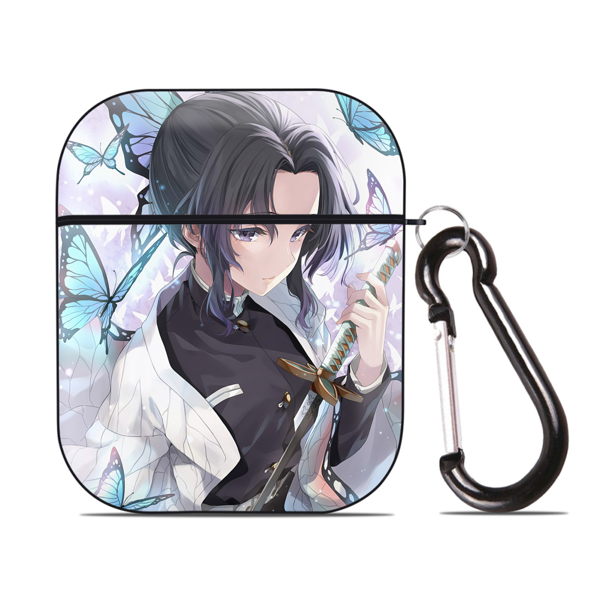 （画像用） 鬼滅の刃（きめつのやいば）蟲柱-胡蝶 しのぶ／こちょう しのぶ Kochou Shinobu AirPods 第2世代保護ケース ハードシェル ブラック 耐衝撃・防指紋・カラビナ付き