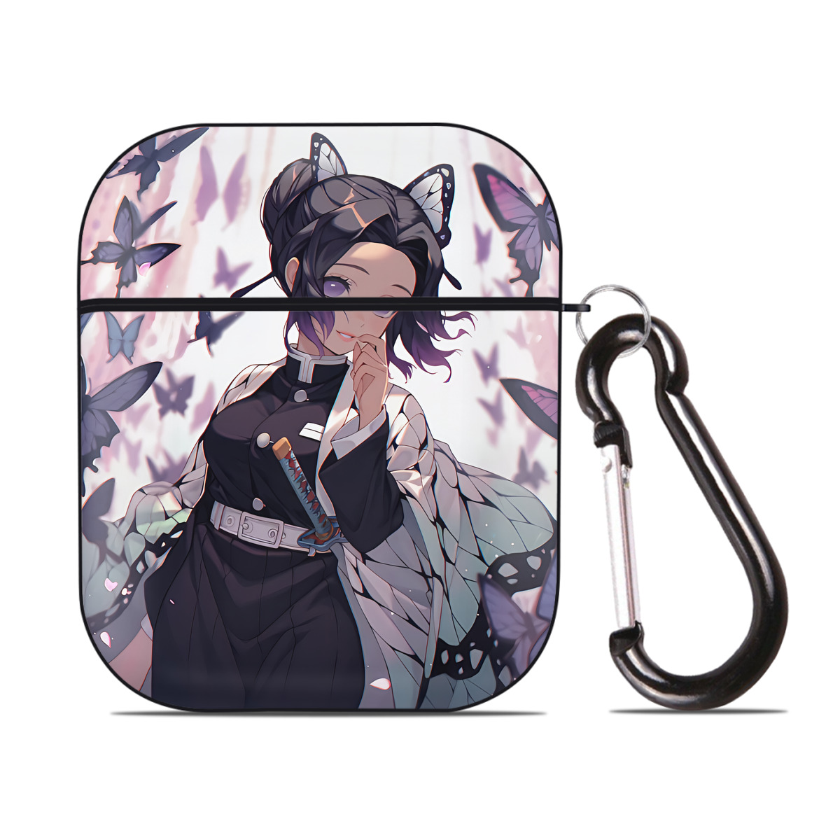 （画像用） 鬼滅の刃（きめつのやいば）蟲柱-胡蝶 しのぶ／こちょう しのぶ Kochou Shinobu AirPods 第2世代保護ケース ハードシェル ブラック 耐衝撃・防指紋・カラビナ付き
