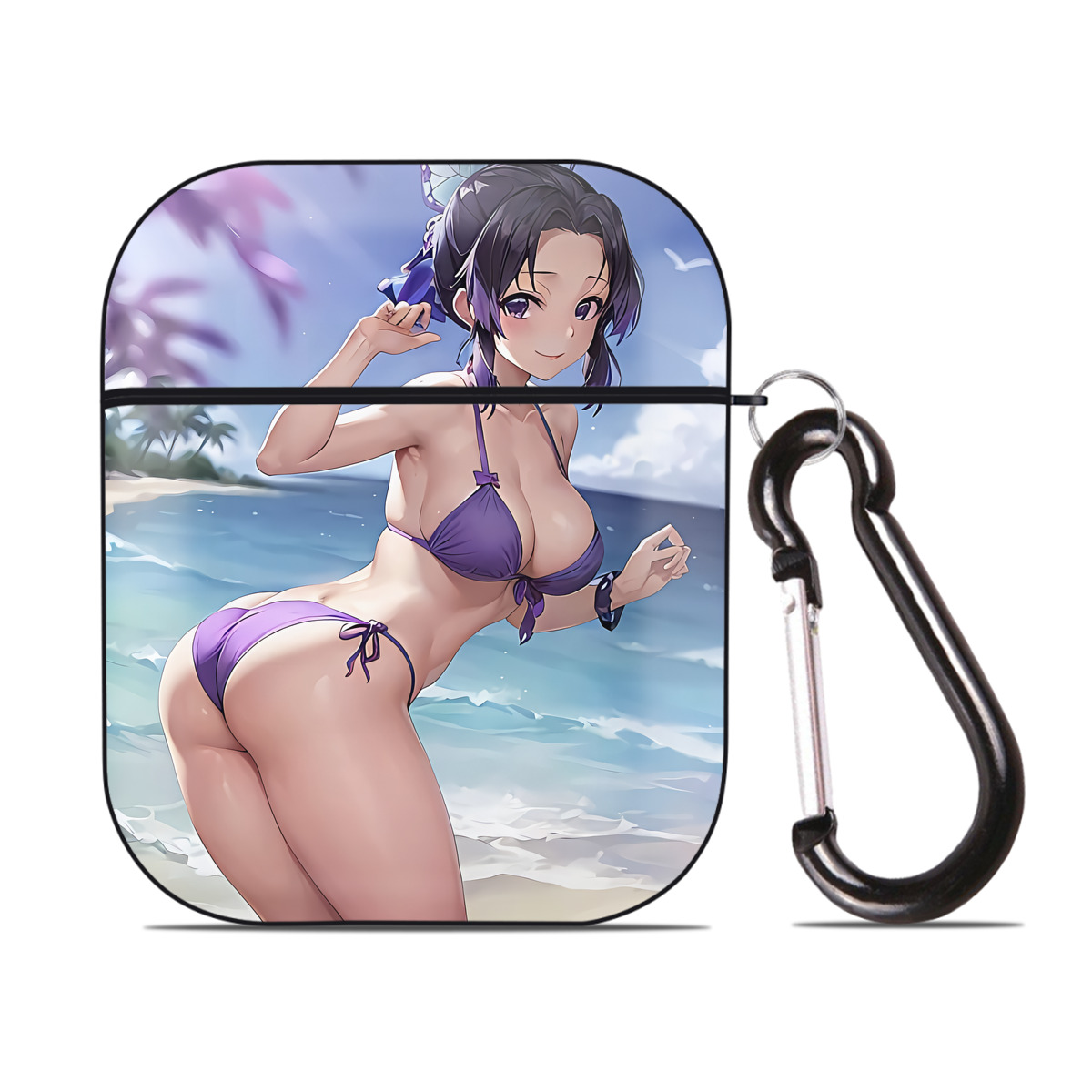 （画像用） 鬼滅の刃（きめつのやいば）蟲柱-胡蝶 しのぶ／こちょう しのぶ Kochou Shinobu AirPods 第2世代保護ケース ハードシェル ブラック 耐衝撃・防指紋・カラビナ付き