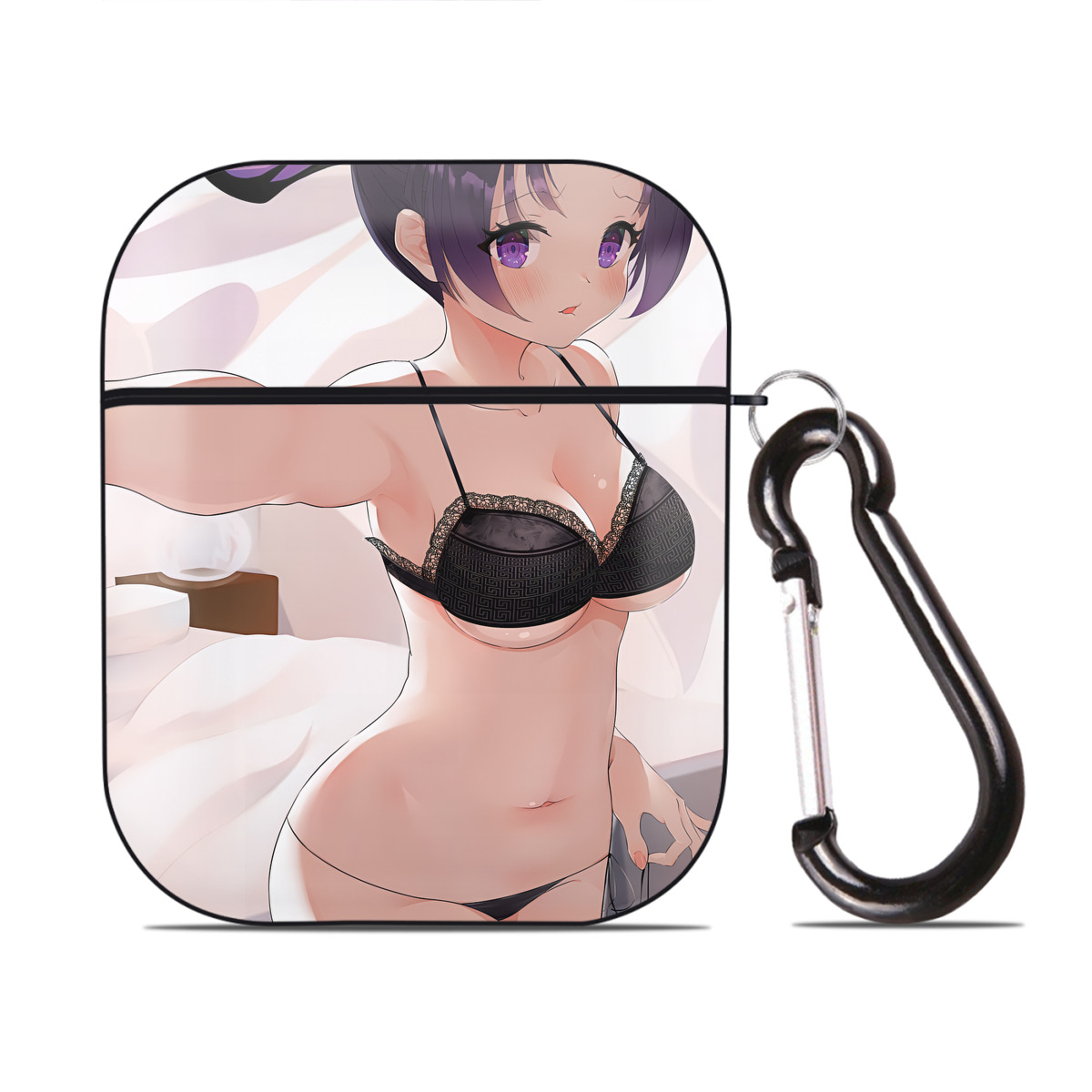 （画像用） 鬼滅の刃（きめつのやいば）蟲柱-胡蝶 しのぶ／こちょう しのぶ Kochou Shinobu AirPods 第2世代保護ケース ハードシェル ブラック 耐衝撃・防指紋・カラビナ付き