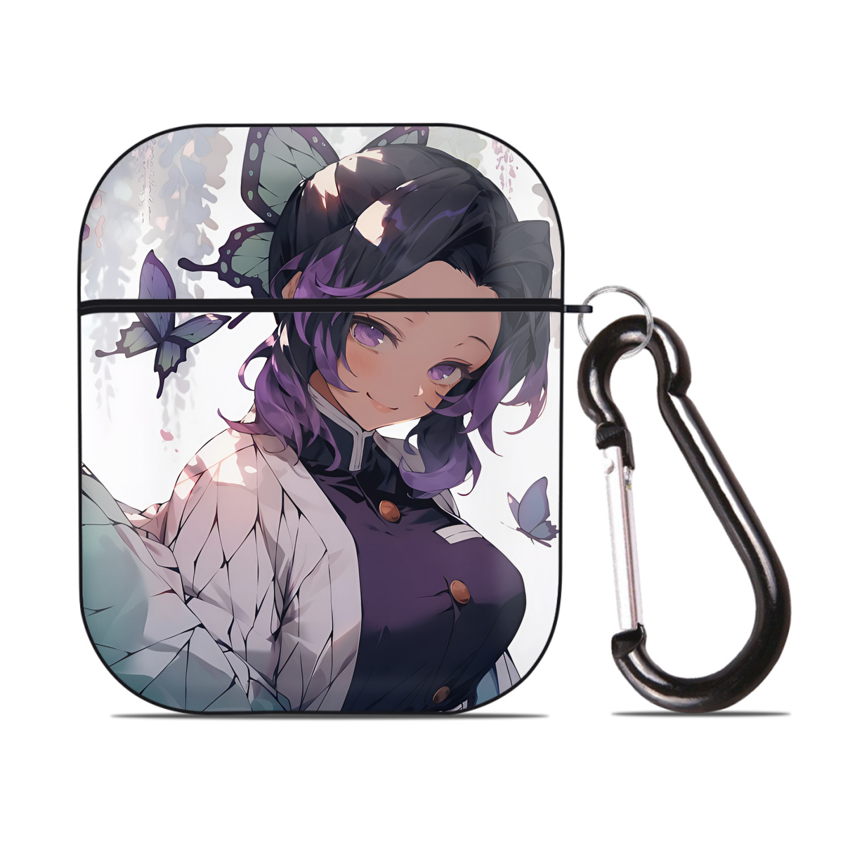 （画像用） 鬼滅の刃（きめつのやいば）蟲柱-胡蝶 しのぶ／こちょう しのぶ Kochou Shinobu AirPods 第2世代保護ケース ハードシェル ブラック 耐衝撃・防指紋・カラビナ付き