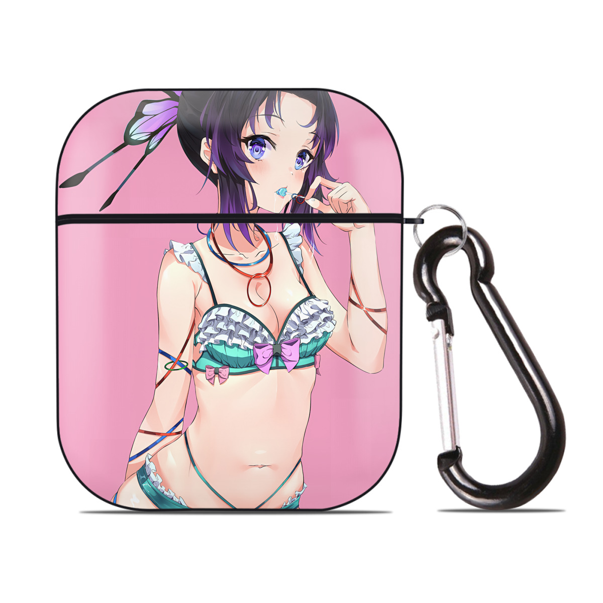 （画像用） 鬼滅の刃（きめつのやいば）蟲柱-胡蝶 しのぶ／こちょう しのぶ Kochou Shinobu AirPods 第2世代保護ケース ハードシェル ブラック 耐衝撃・防指紋・カラビナ付き
