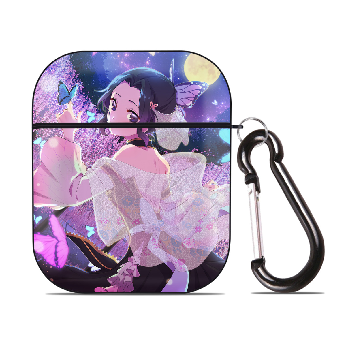 （画像用） 鬼滅の刃（きめつのやいば）蟲柱-胡蝶 しのぶ／こちょう しのぶ Kochou Shinobu AirPods 第2世代保護ケース ハードシェル ブラック 耐衝撃・防指紋・カラビナ付き