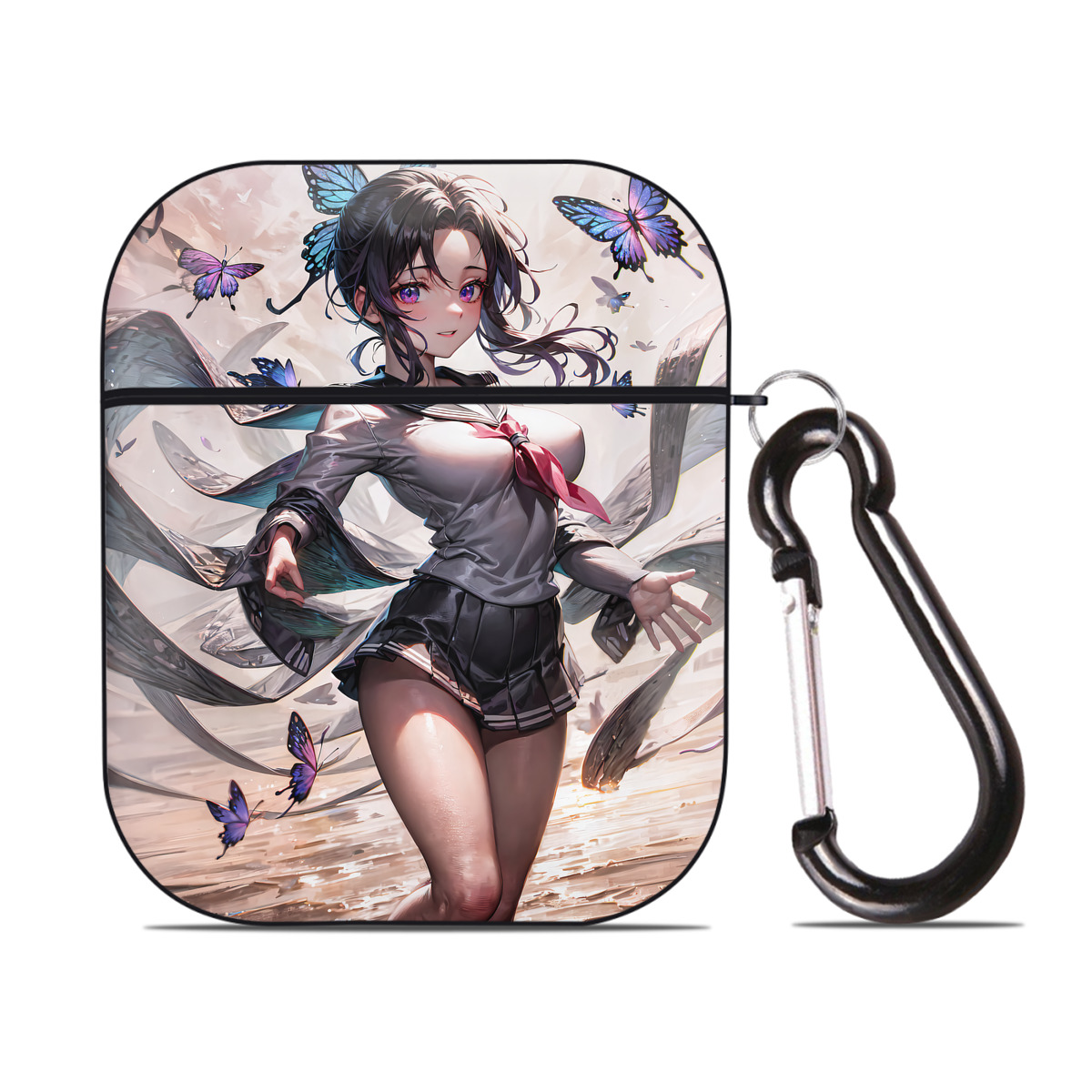 （画像用） 鬼滅の刃（きめつのやいば）蟲柱-胡蝶 しのぶ／こちょう しのぶ Kochou Shinobu AirPods 第2世代保護ケース ハードシェル ブラック 耐衝撃・防指紋・カラビナ付き