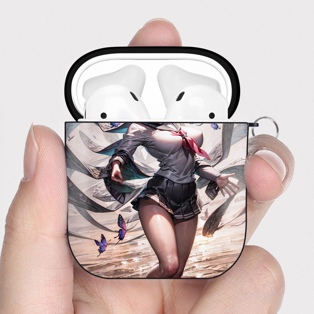 （画像用） 鬼滅の刃（きめつのやいば）蟲柱-胡蝶 しのぶ／こちょう しのぶ Kochou Shinobu AirPods 第2世代保護ケース ハードシェル ブラック 耐衝撃・防指紋・カラビナ付き