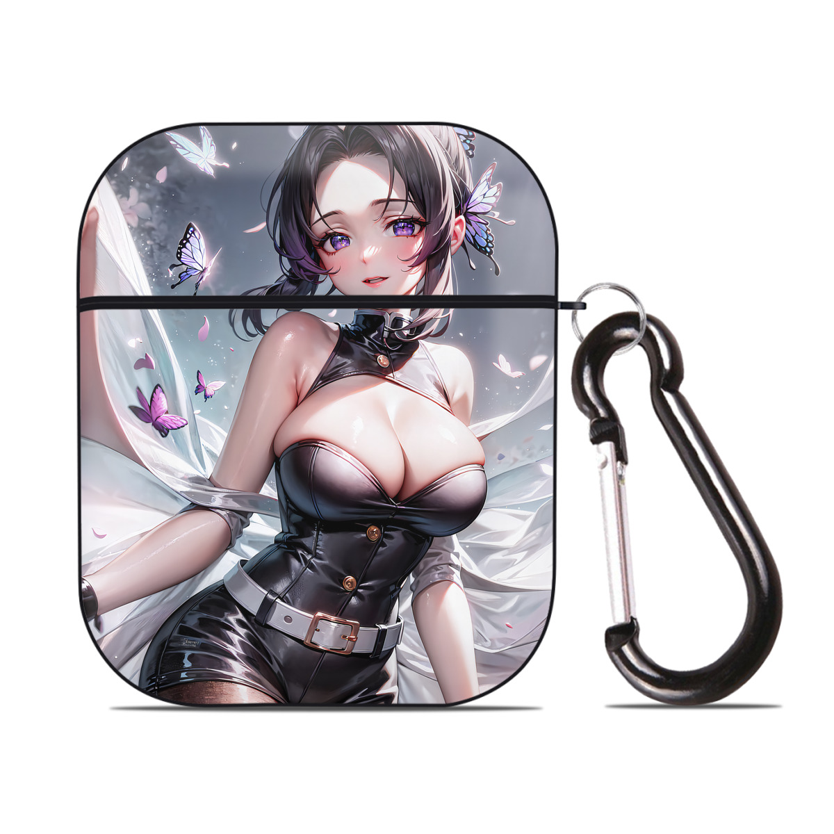 （画像用） 鬼滅の刃（きめつのやいば）蟲柱-胡蝶 しのぶ／こちょう しのぶ Kochou Shinobu AirPods 第2世代保護ケース ハードシェル ブラック 耐衝撃・防指紋・カラビナ付き