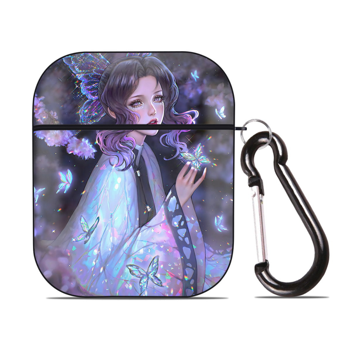 （画像用） 鬼滅の刃（きめつのやいば）蟲柱-胡蝶 しのぶ／こちょう しのぶ Kochou Shinobu AirPods 第2世代保護ケース ハードシェル ブラック 耐衝撃・防指紋・カラビナ付き
