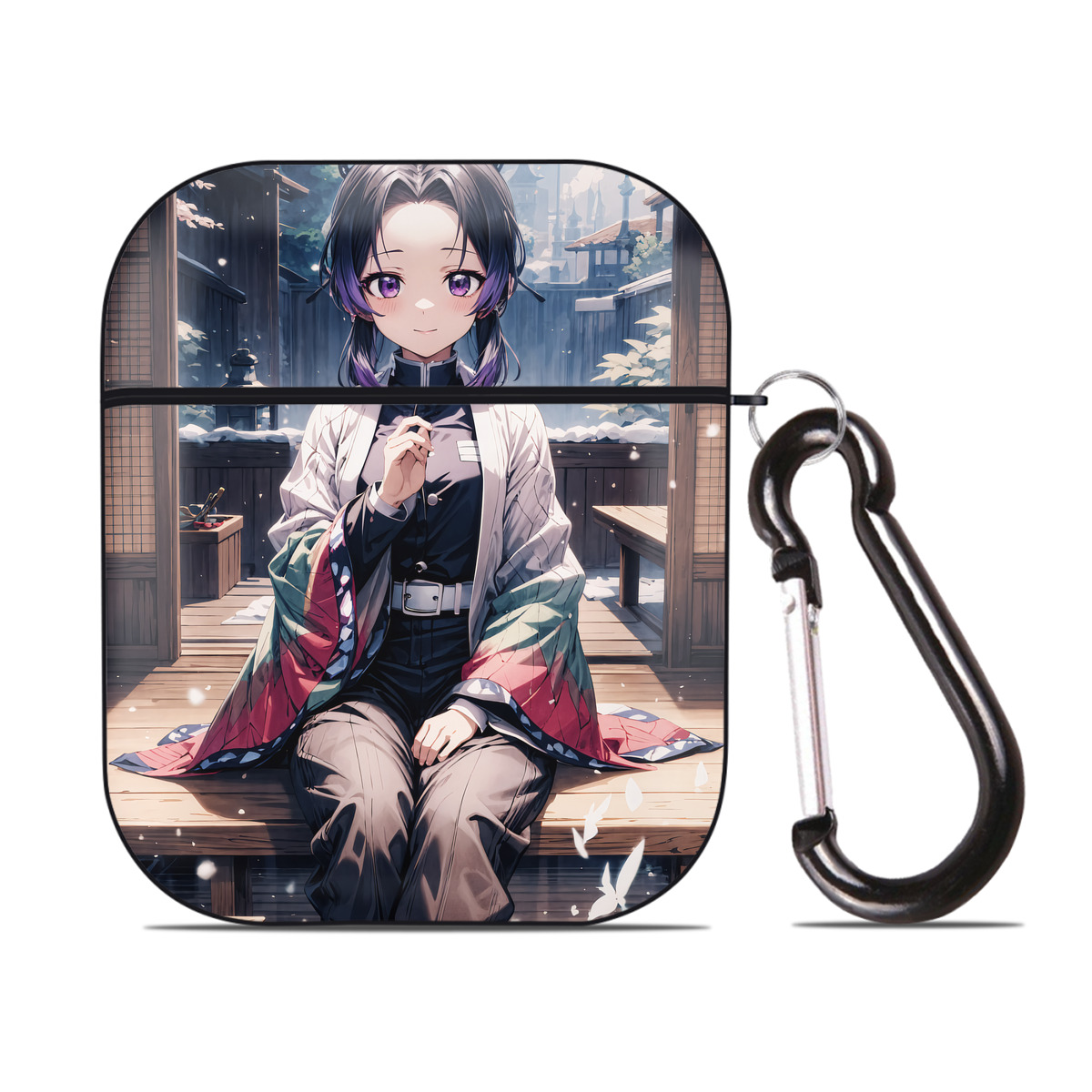 （画像用） 鬼滅の刃（きめつのやいば）蟲柱-胡蝶 しのぶ／こちょう しのぶ Kochou Shinobu AirPods 第2世代保護ケース ハードシェル ブラック 耐衝撃・防指紋・カラビナ付き