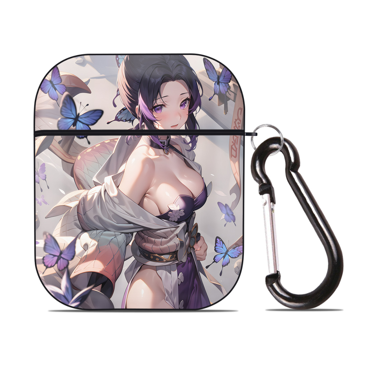 （画像用） 鬼滅の刃（きめつのやいば）蟲柱-胡蝶 しのぶ／こちょう しのぶ Kochou Shinobu AirPods 第2世代保護ケース ハードシェル ブラック 耐衝撃・防指紋・カラビナ付き