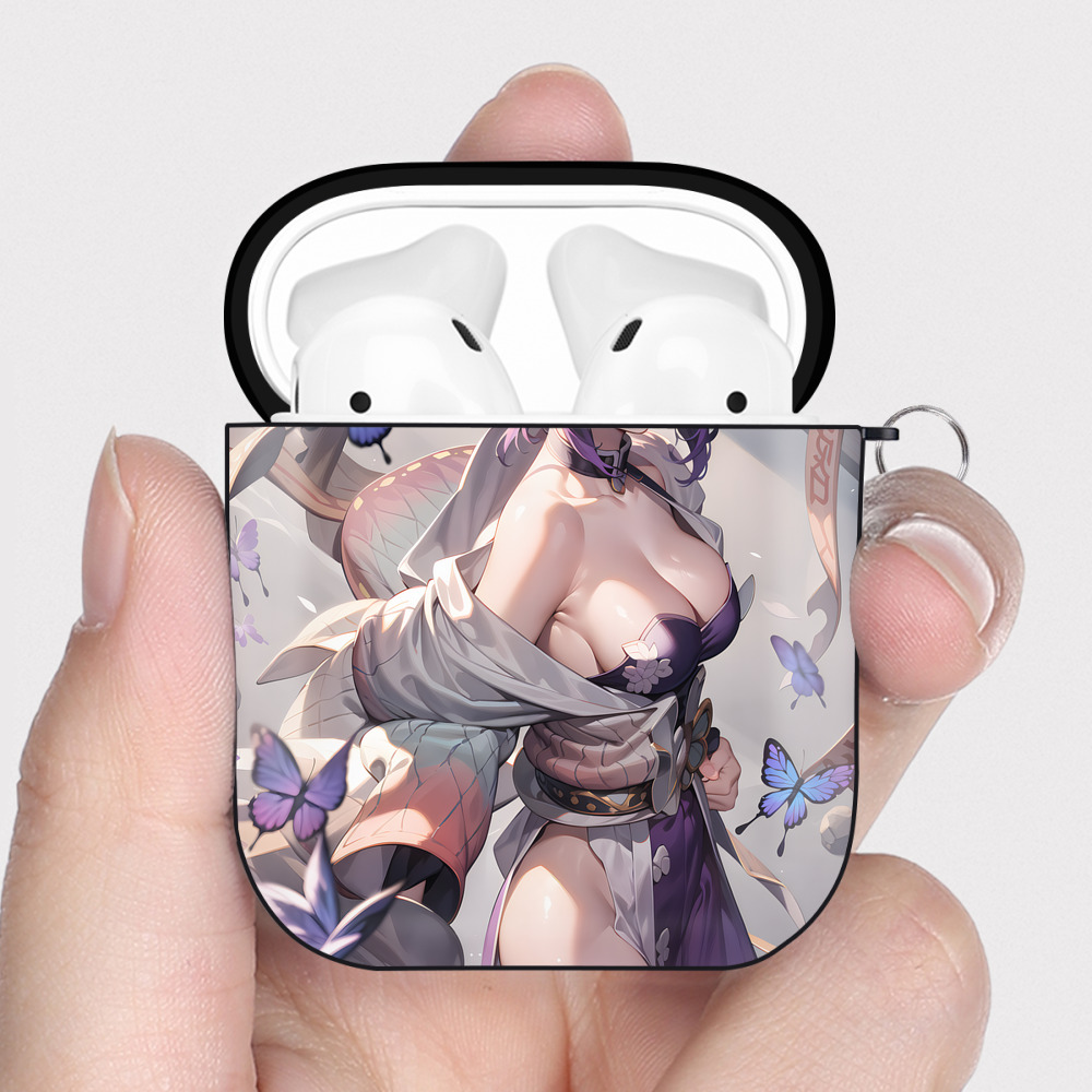 （画像用） 鬼滅の刃（きめつのやいば）蟲柱-胡蝶 しのぶ／こちょう しのぶ Kochou Shinobu AirPods 第2世代保護ケース ハードシェル ブラック 耐衝撃・防指紋・カラビナ付き